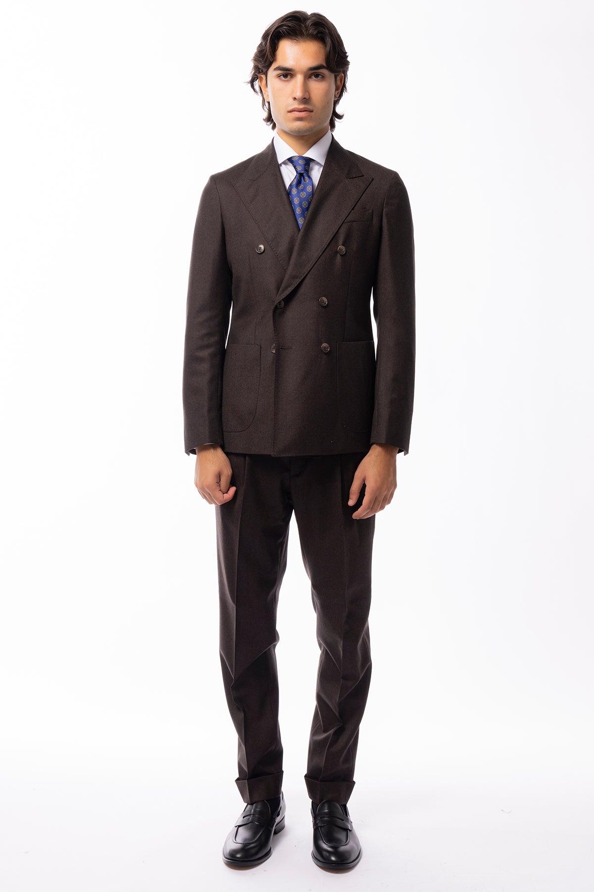 Giacca uomo Doppiopetto marrone in lana Flanella Vitale Barberis Canonico slim fit rever largo sartoriale