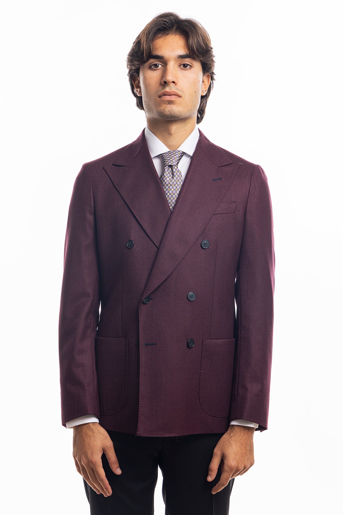 Giacca uomo Doppiopetto Bordeaux in in lana flanella Holland & Sherry slim fit rever largo