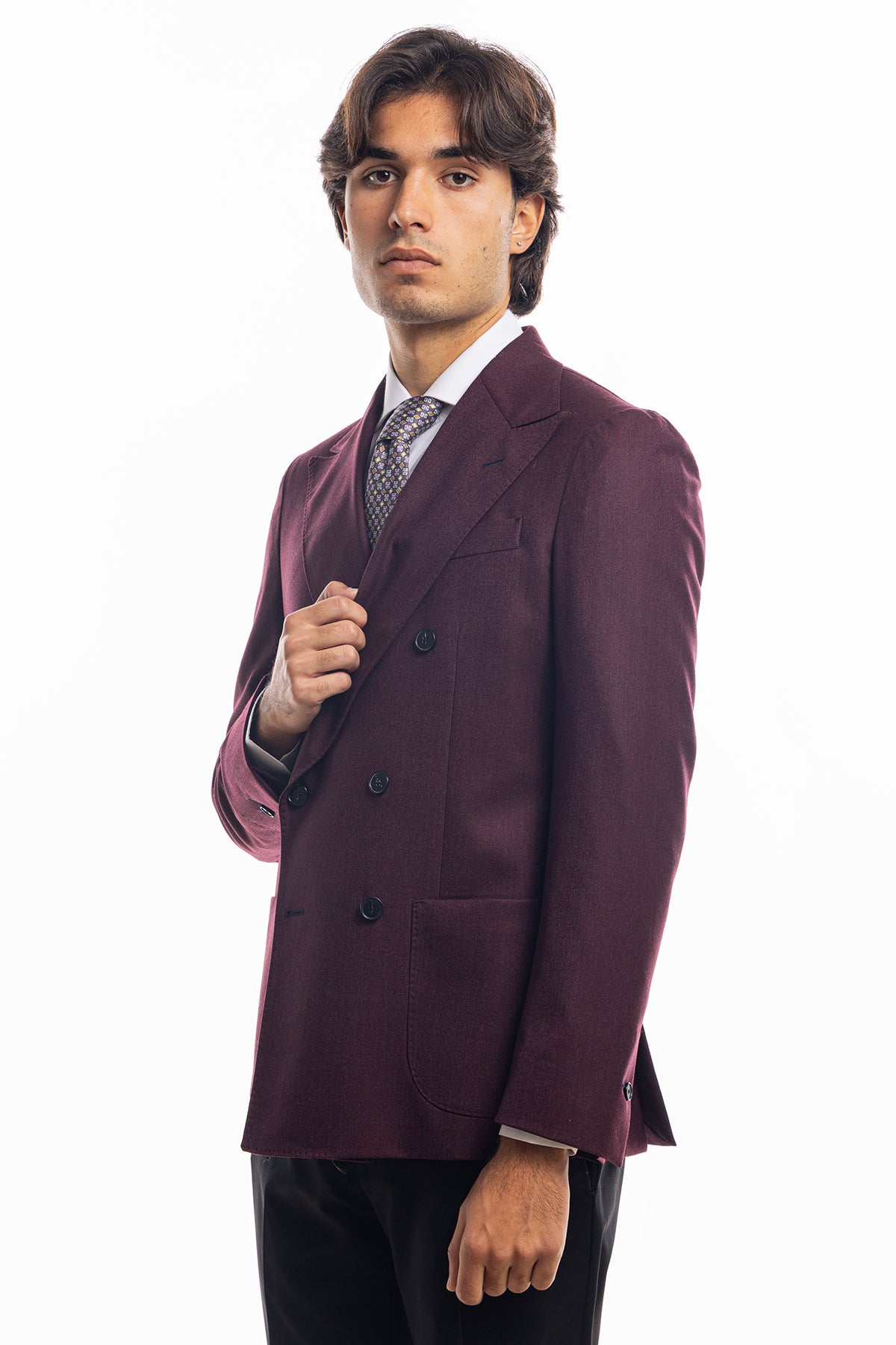 Giacca uomo Doppiopetto Bordeaux in in lana flanella Holland & Sherry slim fit rever largo