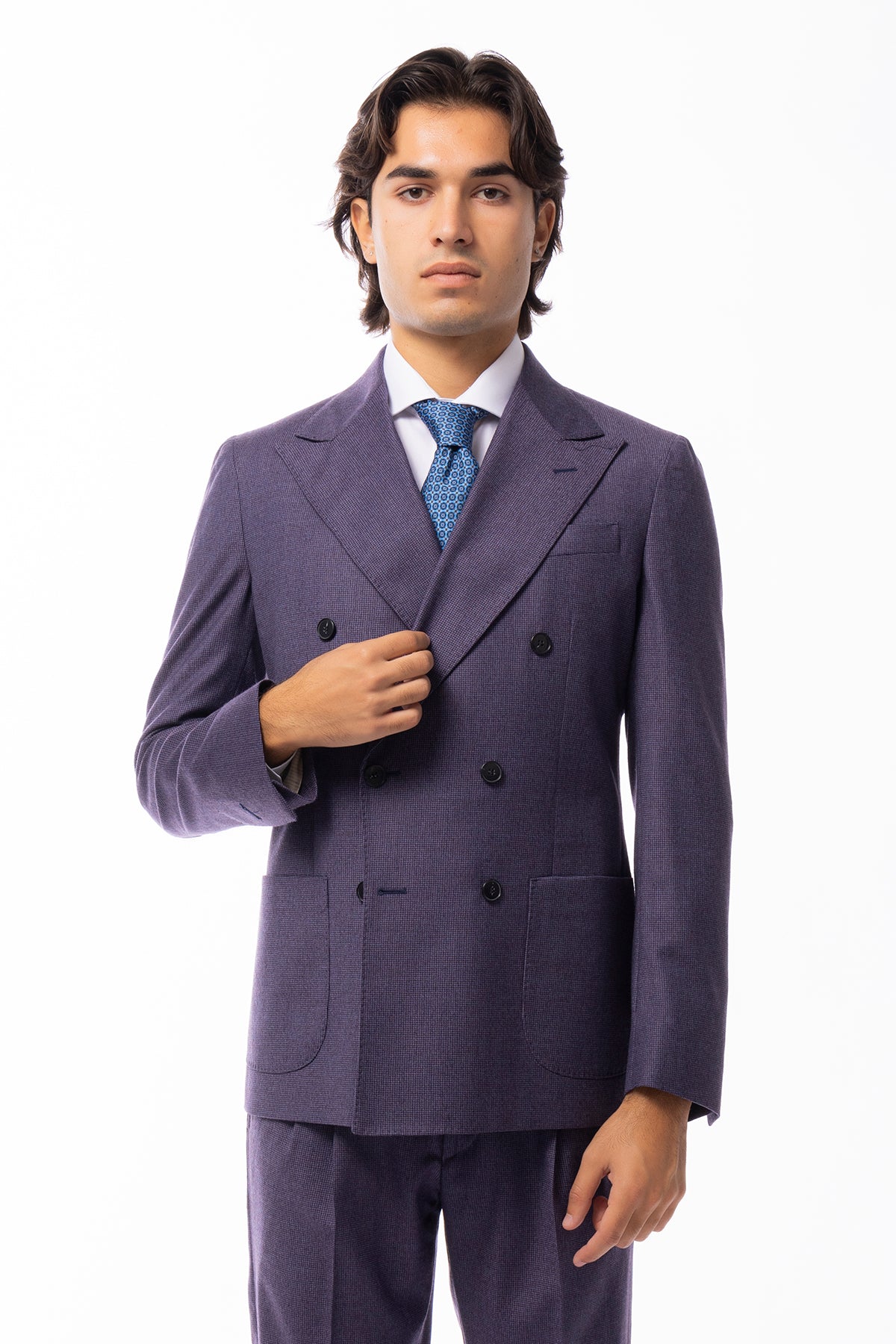 Giacca uomo Doppiopetto Viola fantasia pied de poule in lana flanella sartoriale slim fit rever largo