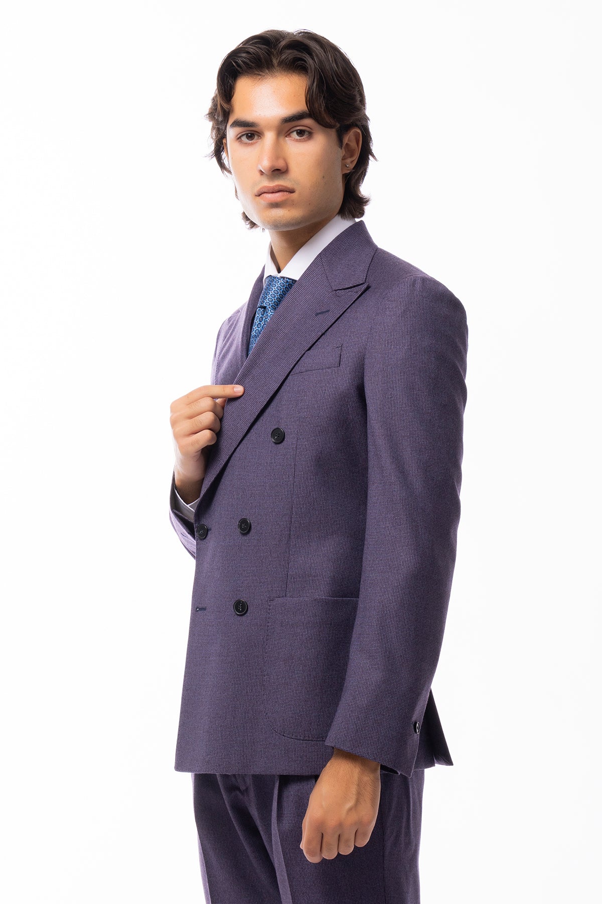 Giacca uomo Doppiopetto Viola fantasia pied de poule in lana flanella sartoriale slim fit rever largo