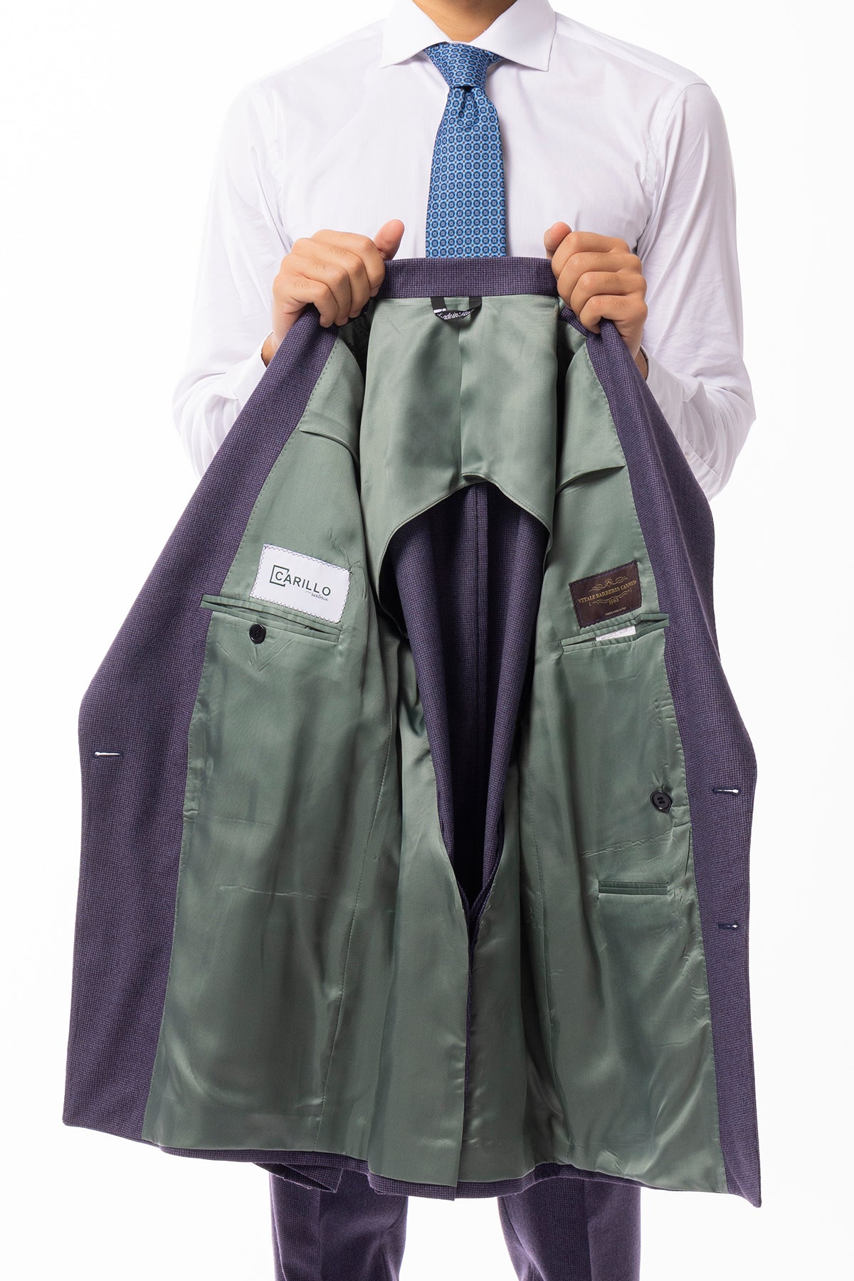 Giacca uomo Doppiopetto Viola fantasia pied de poule in lana flanella sartoriale slim fit rever largo