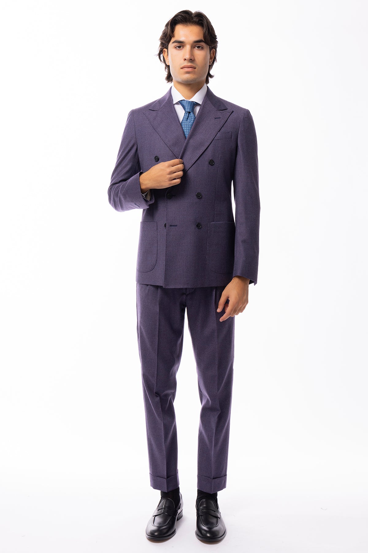 Giacca uomo Doppiopetto Viola fantasia pied de poule in lana flanella sartoriale slim fit rever largo