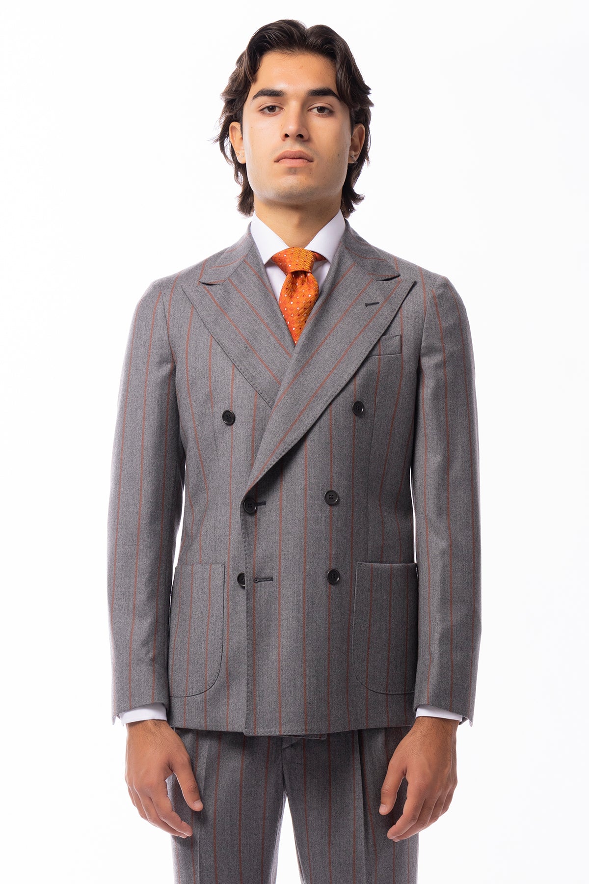 Giacca uomo Doppiopetto grigia fantasia gessata arancio in lana flanella sartoriale slim fit rever largo