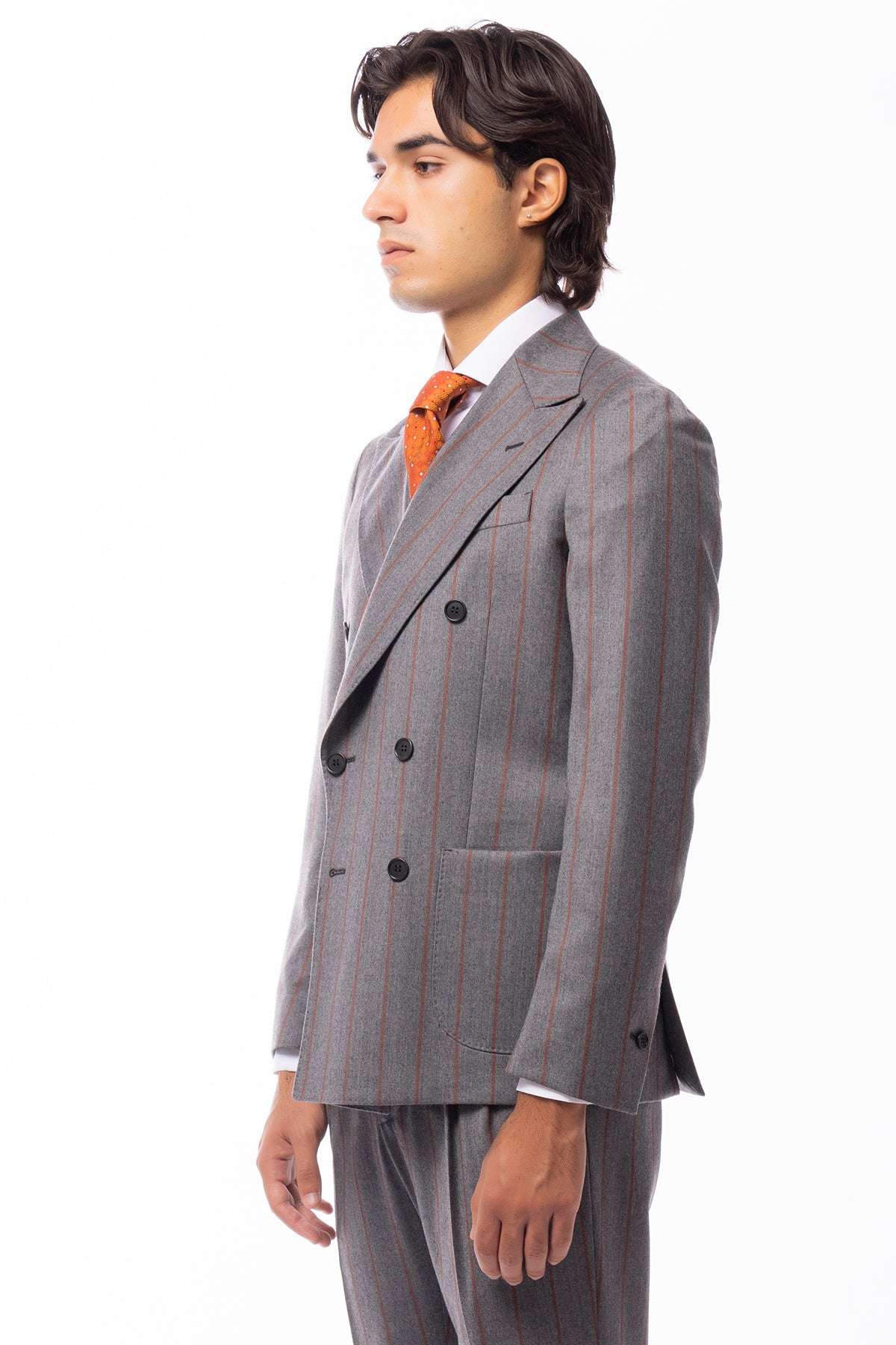 Giacca uomo Doppiopetto grigia fantasia gessata arancio in lana flanella sartoriale slim fit rever largo
