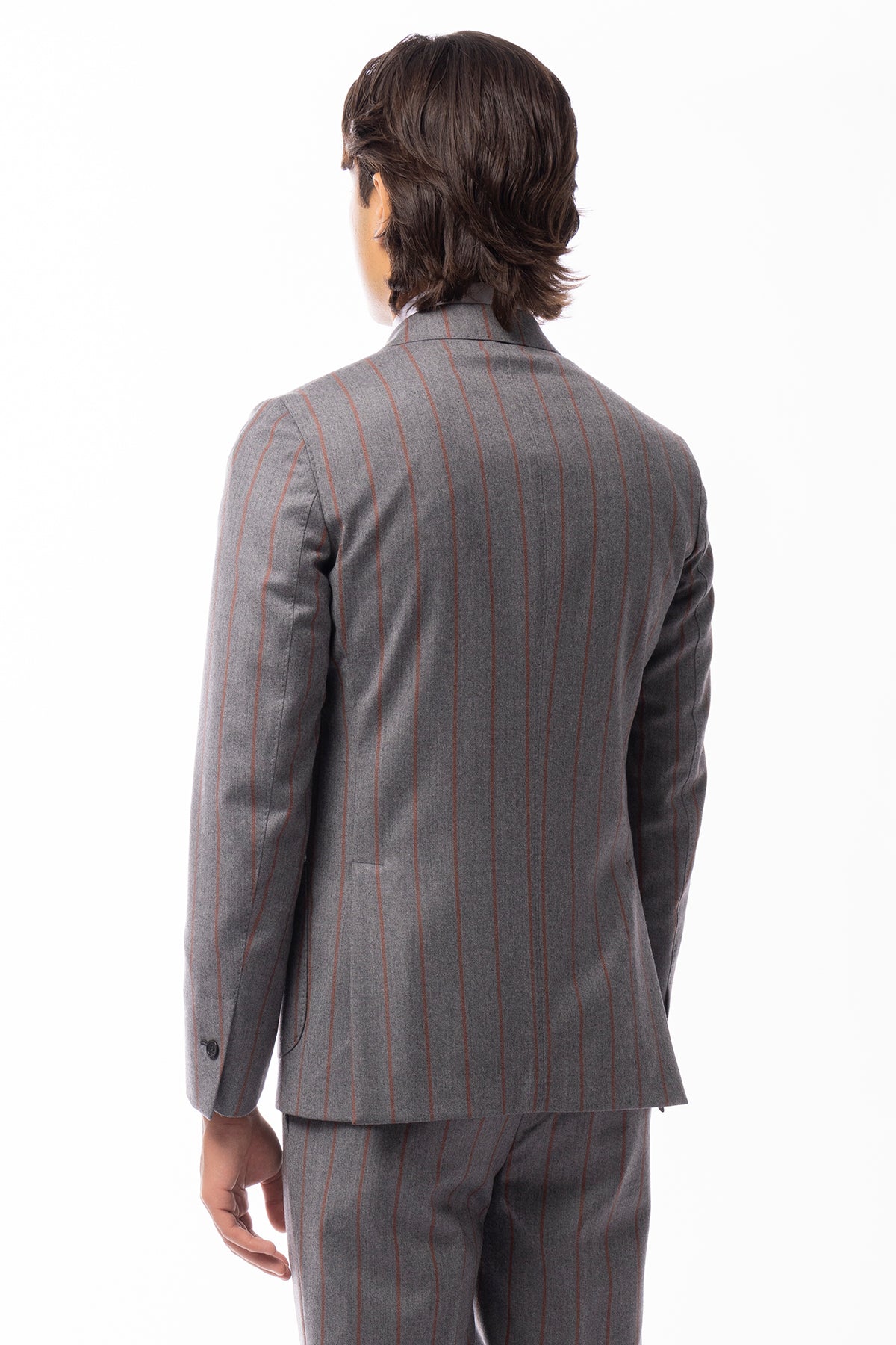 Giacca uomo Doppiopetto grigia fantasia gessata arancio in lana flanella sartoriale slim fit rever largo