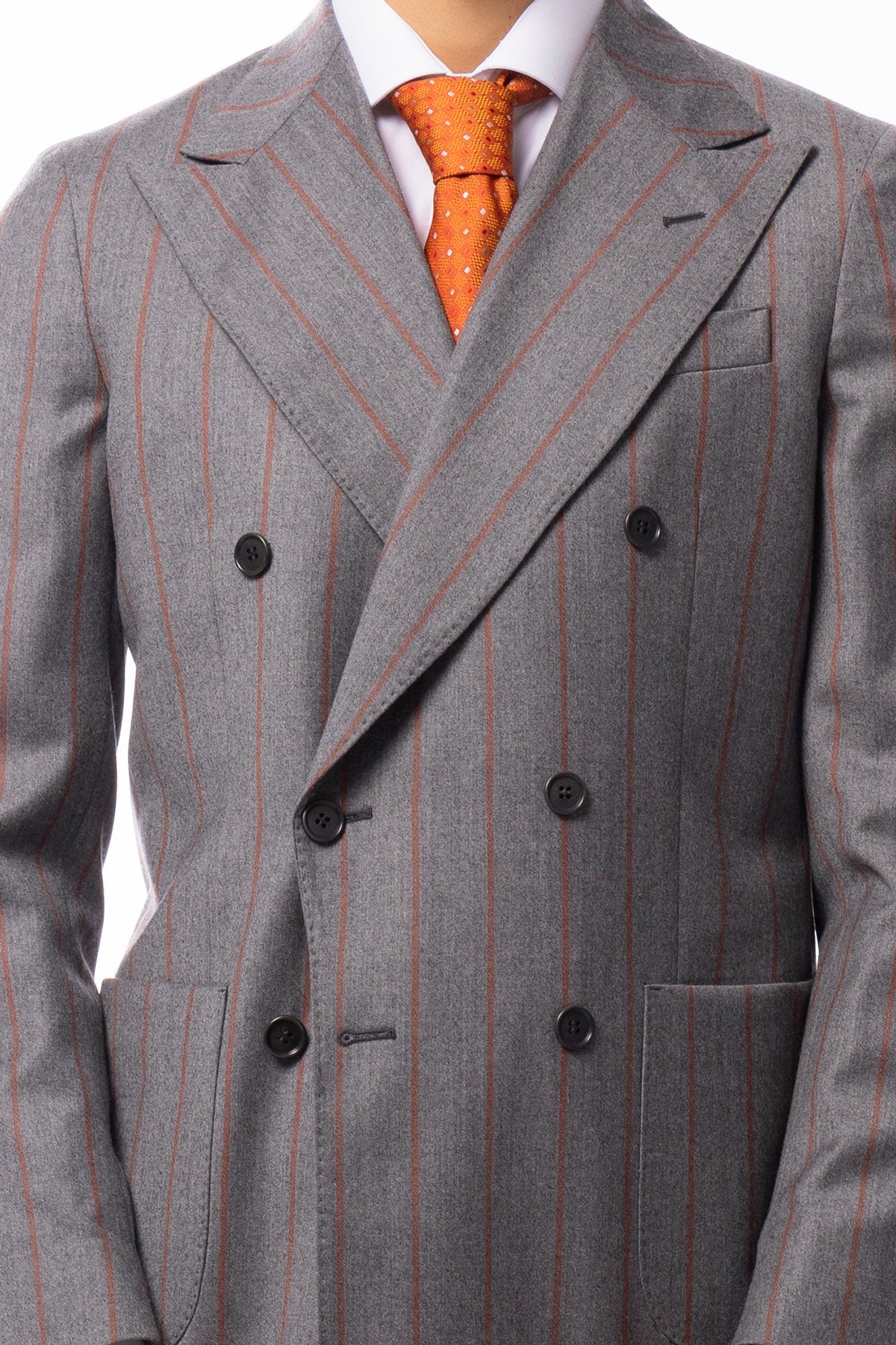 Giacca uomo Doppiopetto grigia fantasia gessata arancio in lana flanella sartoriale slim fit rever largo