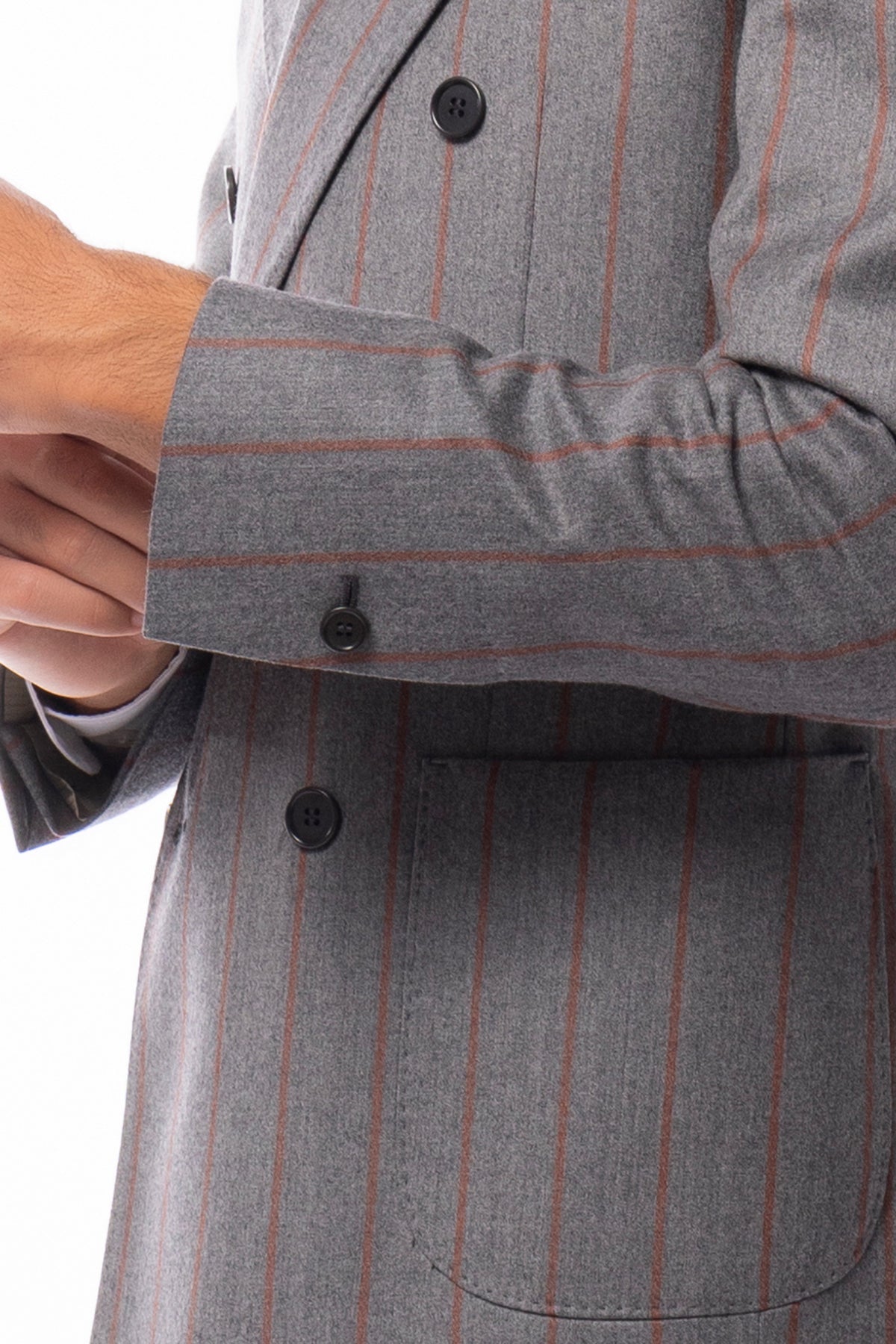 Giacca uomo Doppiopetto grigia fantasia gessata arancio in lana flanella sartoriale slim fit rever largo