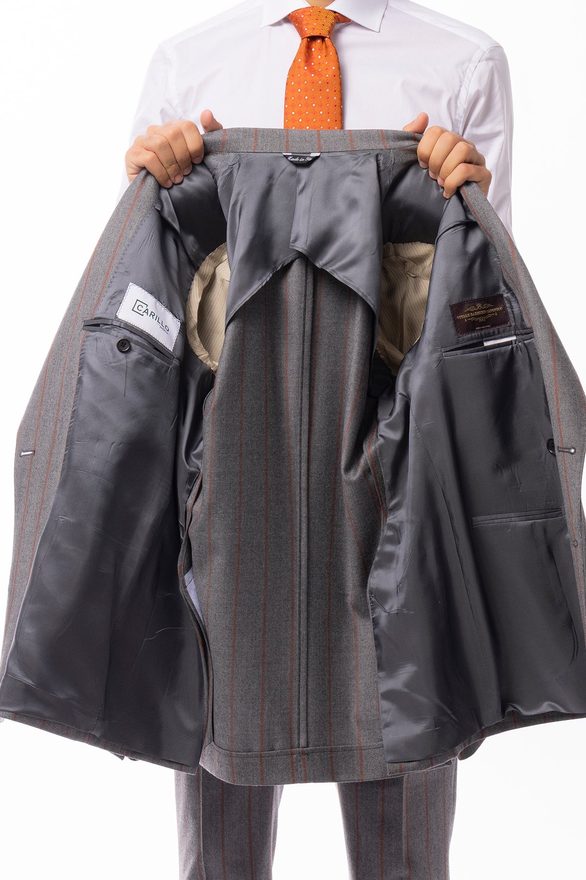 Giacca uomo Doppiopetto grigia fantasia gessata arancio in lana flanella sartoriale slim fit rever largo