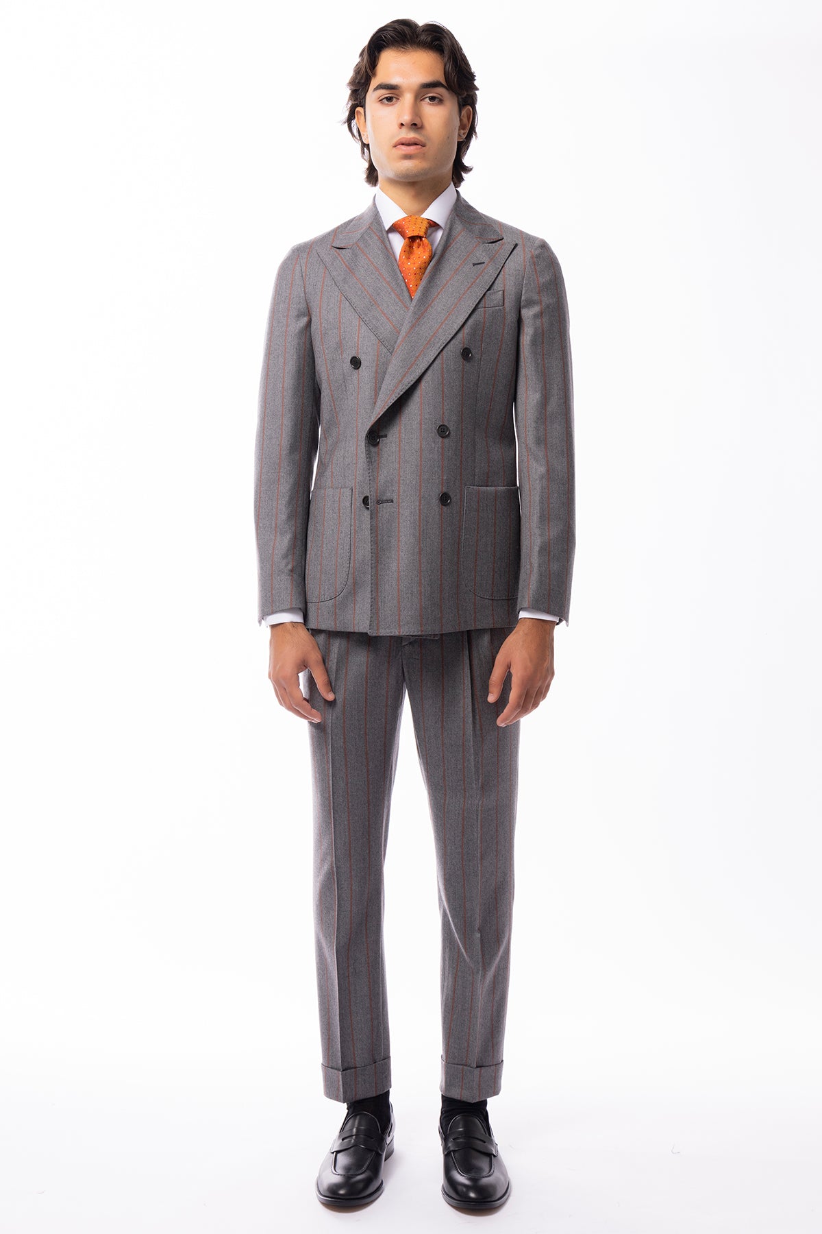 Giacca uomo Doppiopetto grigia fantasia gessata arancio in lana flanella sartoriale slim fit rever largo