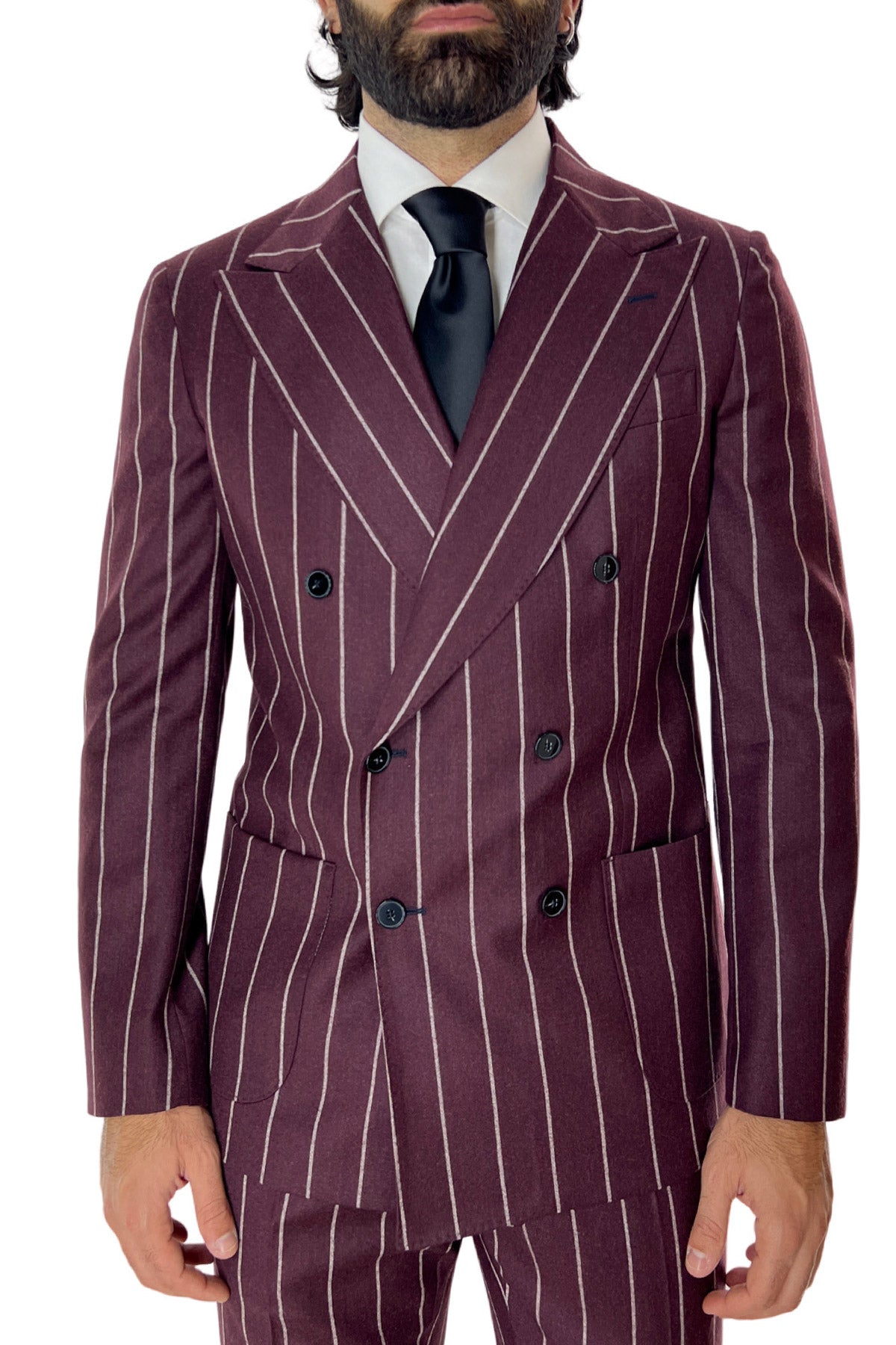 Giacca uomo Doppiopetto bordeaux fantasia gessata bianca in lana flanella sartoriale slim fit rever largo