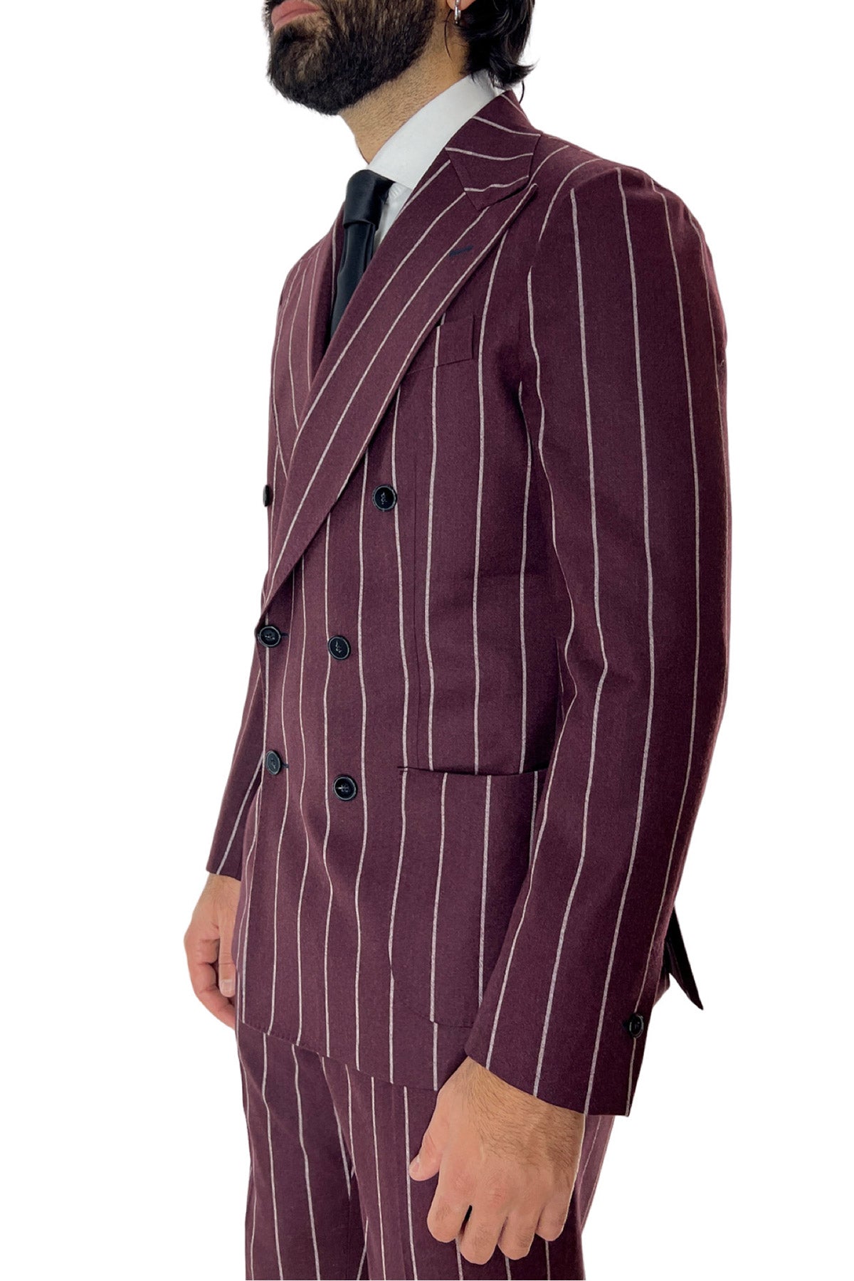Giacca uomo Doppiopetto bordeaux fantasia gessata bianca in lana flanella sartoriale slim fit rever largo