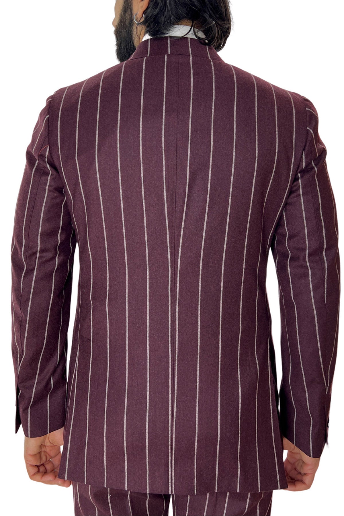 Giacca uomo Doppiopetto bordeaux fantasia gessata bianca in lana flanella sartoriale slim fit rever largo