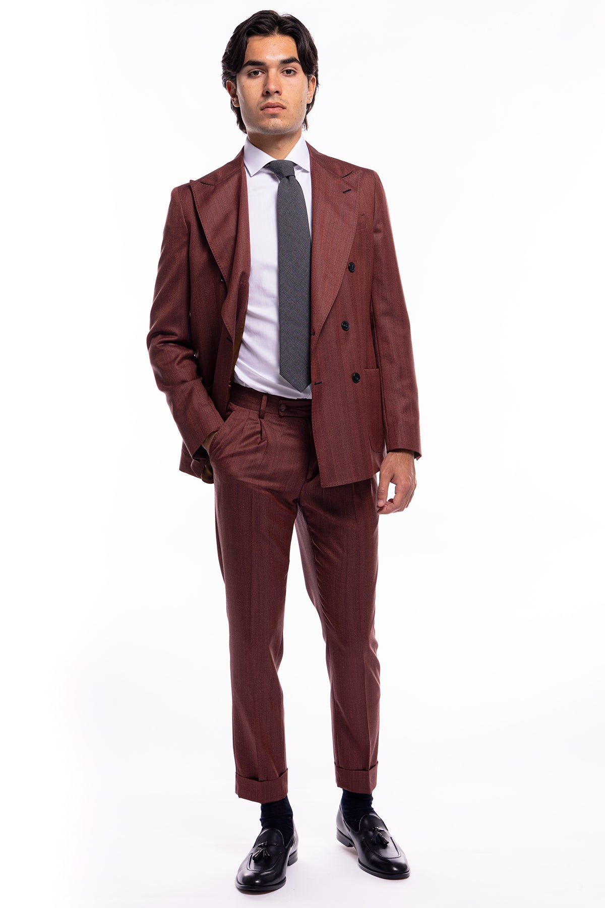 Giacca uomo Doppiopetto rossa spigata in fresco lana Vitale Barberis Canonico sartoriale slim fit rever largo