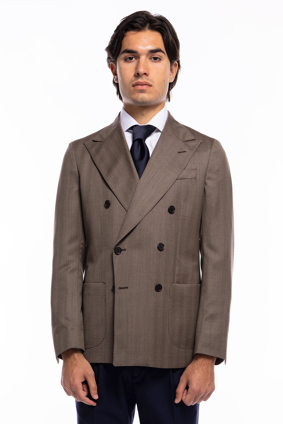 Giacca uomo Doppiopetto fango spigata in fresco lana Vitale Barberis Canonico sartoriale slim fit rever largo