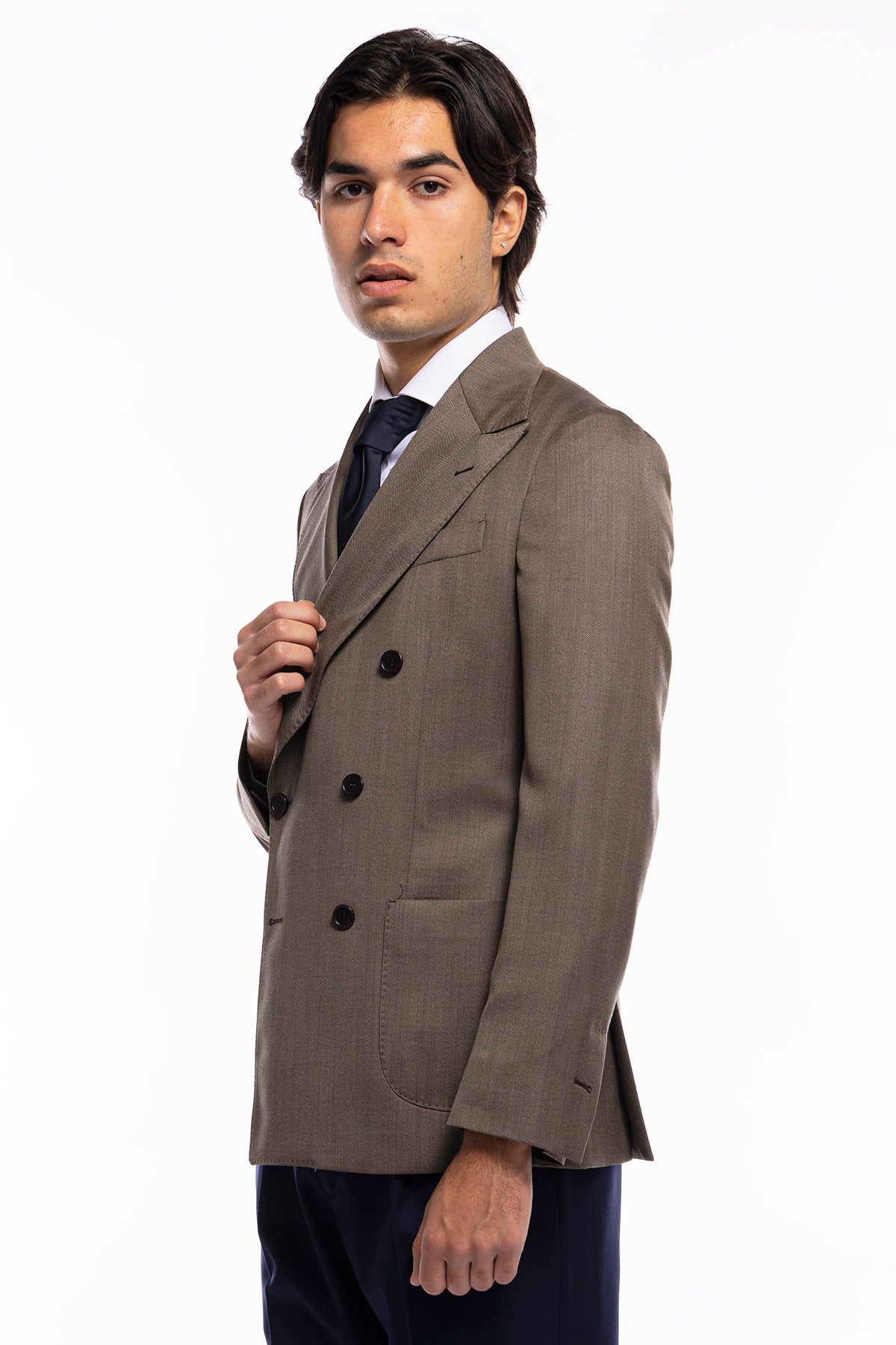 Giacca uomo Doppiopetto fango spigata in fresco lana Vitale Barberis Canonico sartoriale slim fit rever largo