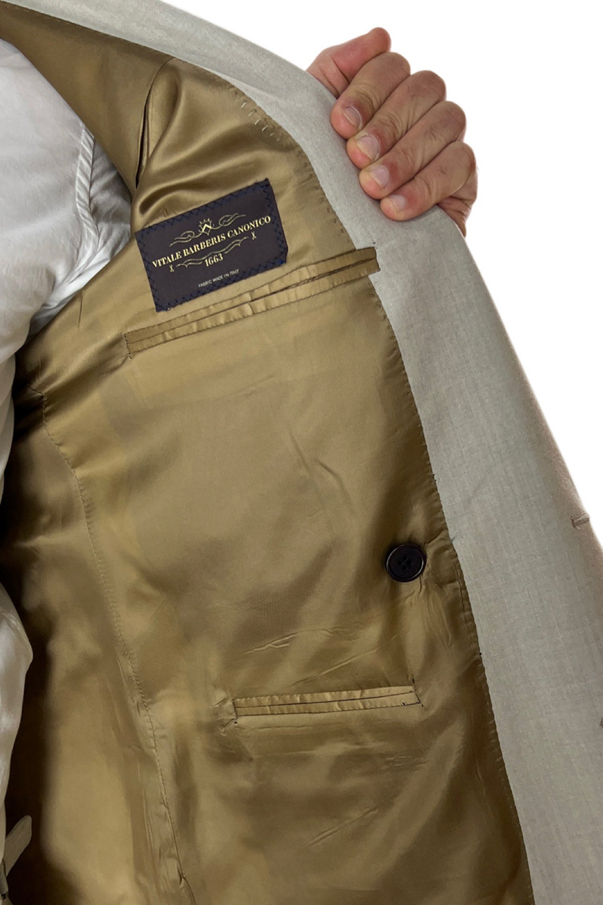 Giacca uomo Doppiopetto beige in lana Flanella Vitale Barberis Canonico slim fit rever largo sartoriale