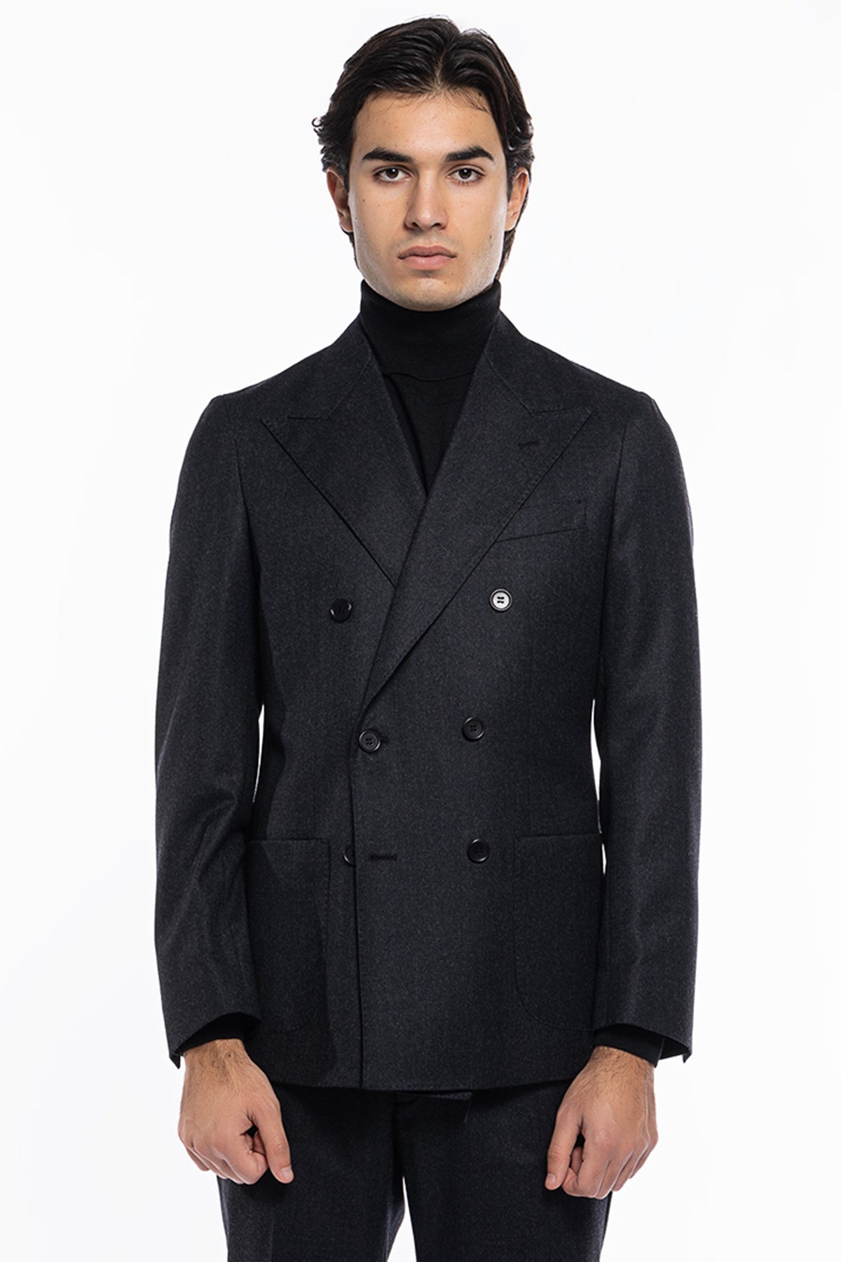 Giacca uomo Doppiopetto grigio scuro in lana Flanella Vitale Barberis Canonico slim fit rever largo sartoriale