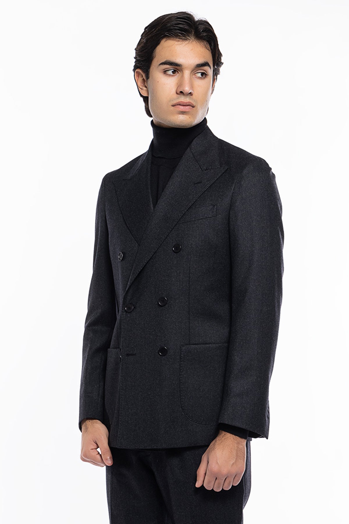 Giacca uomo Doppiopetto grigio scuro in lana Flanella Vitale Barberis Canonico slim fit rever largo sartoriale