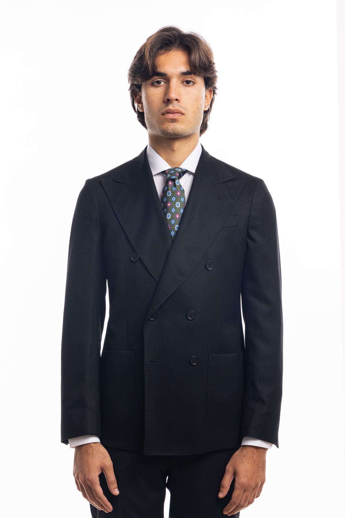 Giacca uomo Doppiopetto nera in lana Flanella Vitale Barberis Canonico slim fit rever largo sartoriale