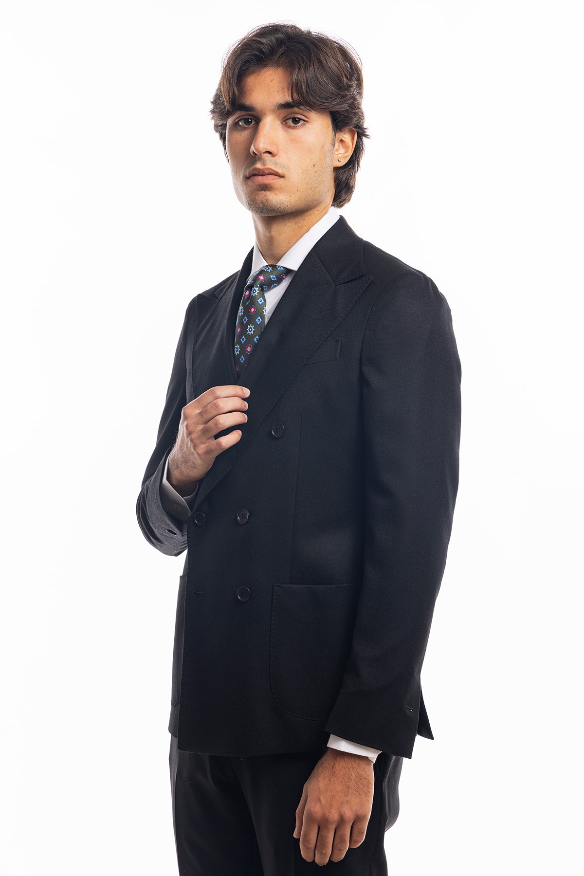 Giacca uomo Doppiopetto nera in lana Flanella Vitale Barberis Canonico slim fit rever largo sartoriale