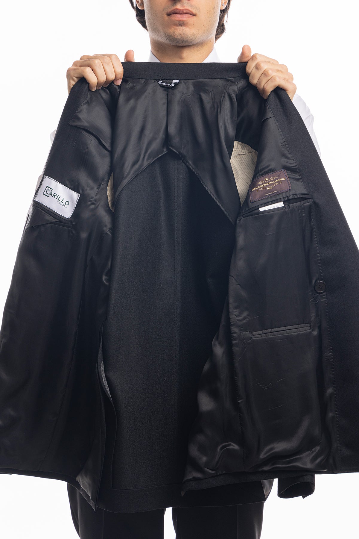Giacca uomo Doppiopetto nera in lana Flanella Vitale Barberis Canonico slim fit rever largo sartoriale