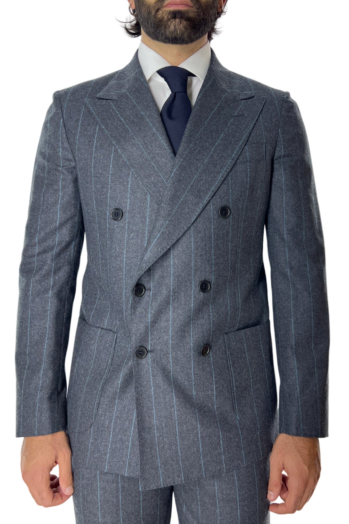 Giacca uomo Doppiopetto grigio scuro Gessata verde in lana Flanella Vitale Barberis Canonico slim fit rever largo sartoriale