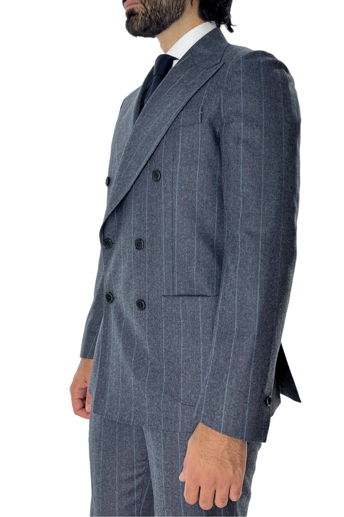 Giacca uomo Doppiopetto grigio scuro Gessata verde in lana Flanella Vitale Barberis Canonico slim fit rever largo sartoriale