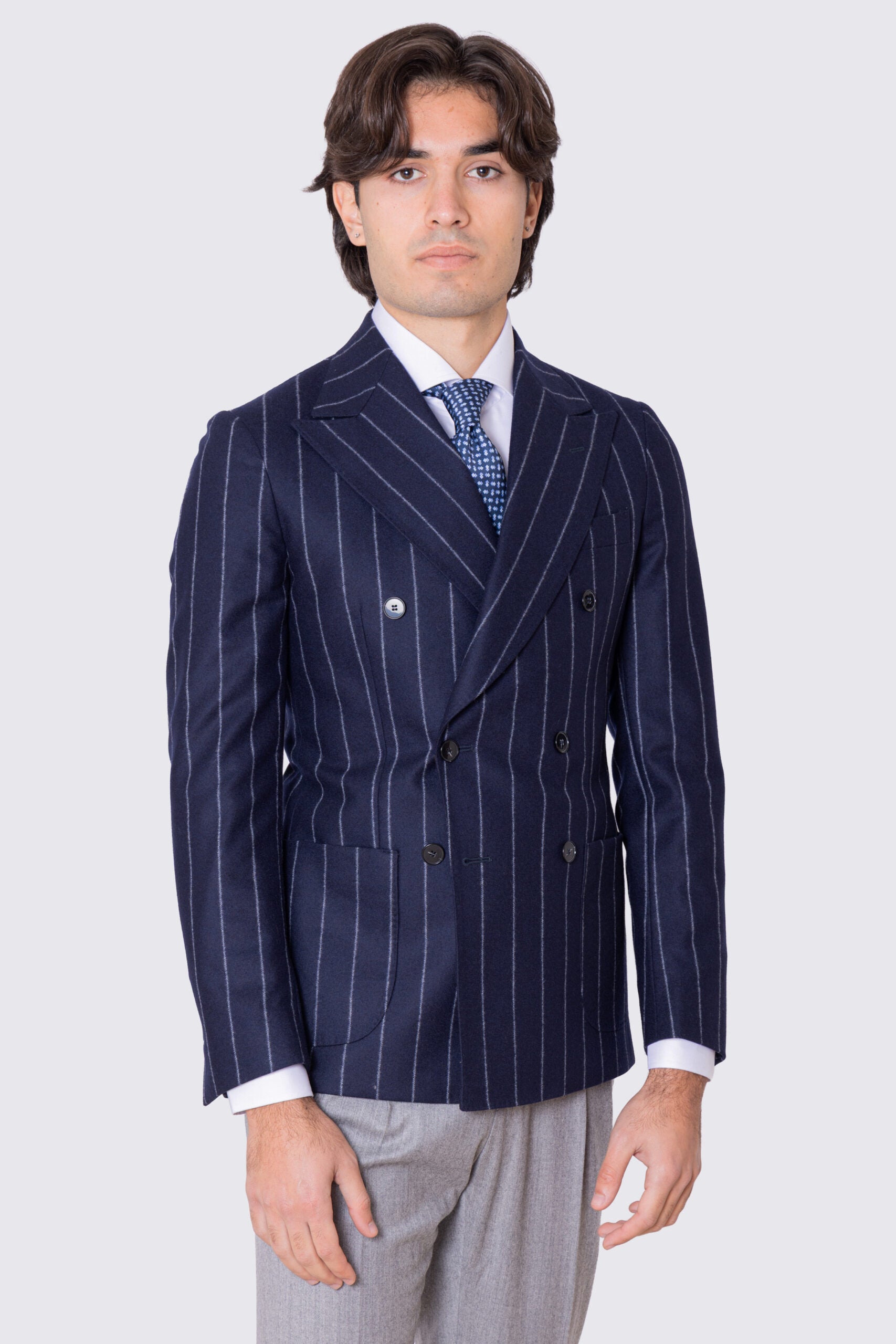 Giacca uomo Doppiopetto blu Gessata grigia in lana Flanella Vitale Barberis Canonico slim fit rever largo sartoriale
