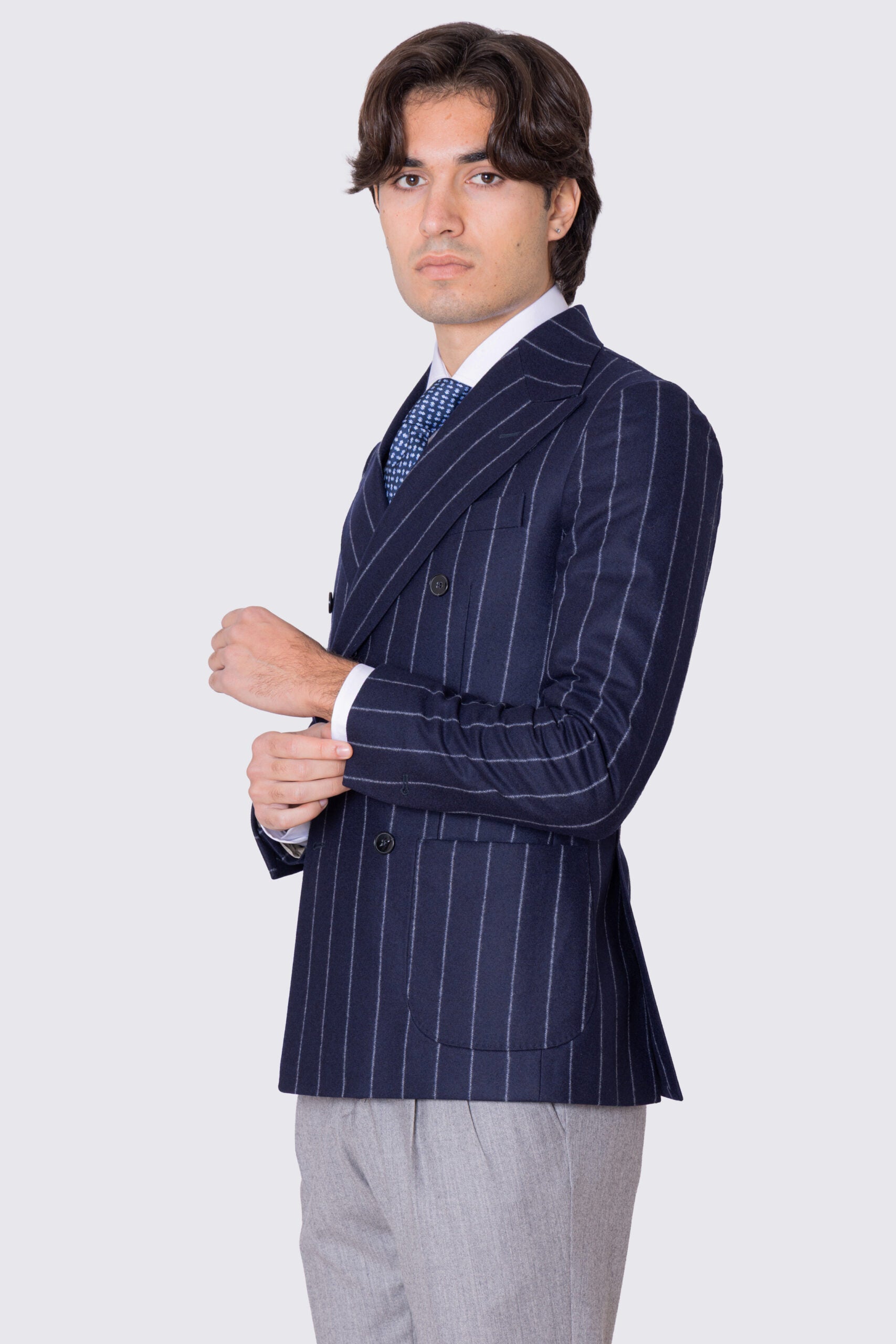 Giacca uomo Doppiopetto blu Gessata grigia in lana Flanella Vitale Barberis Canonico slim fit rever largo sartoriale