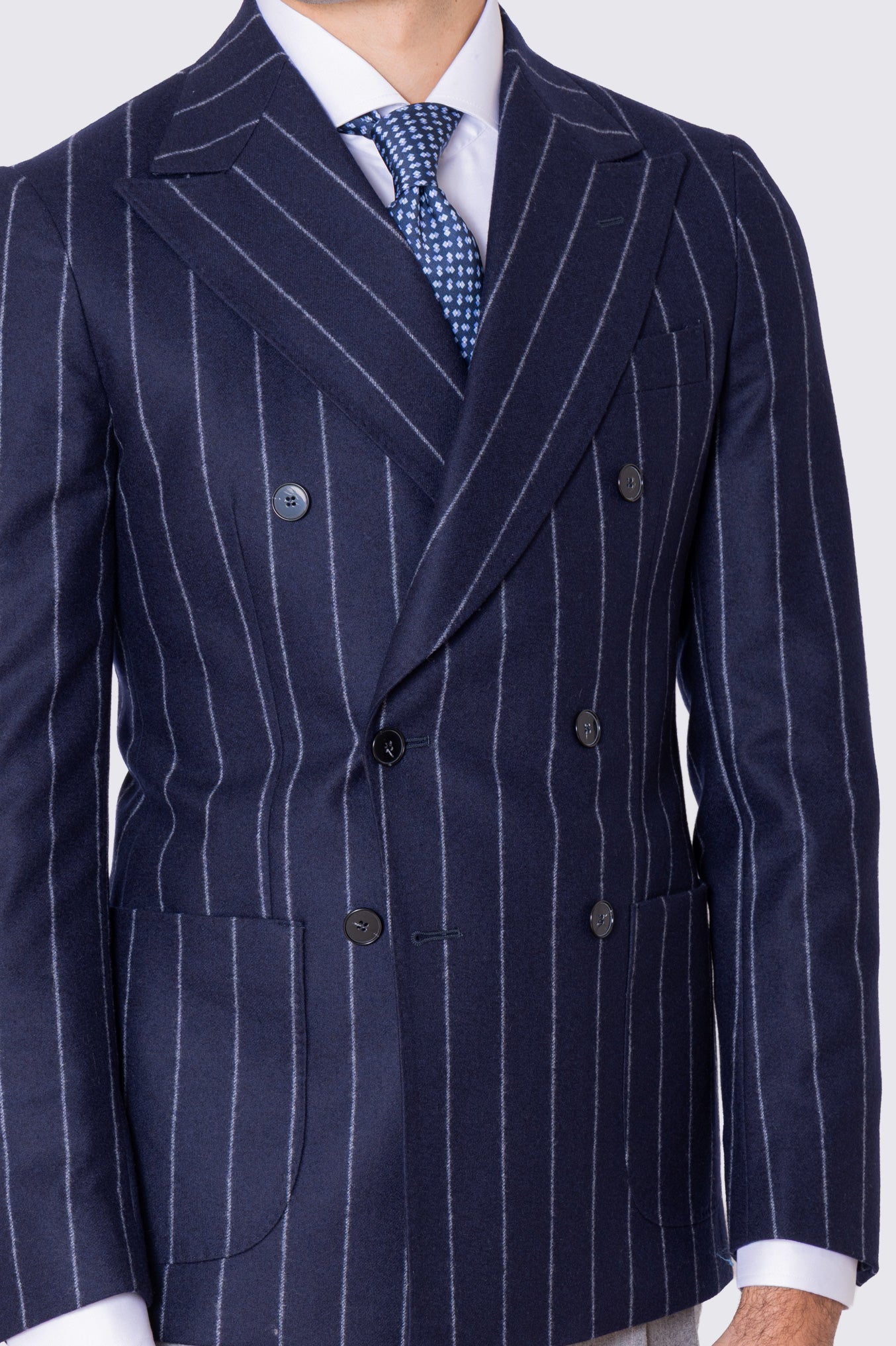 Giacca uomo Doppiopetto blu Gessata grigia in lana Flanella Vitale Barberis Canonico slim fit rever largo sartoriale