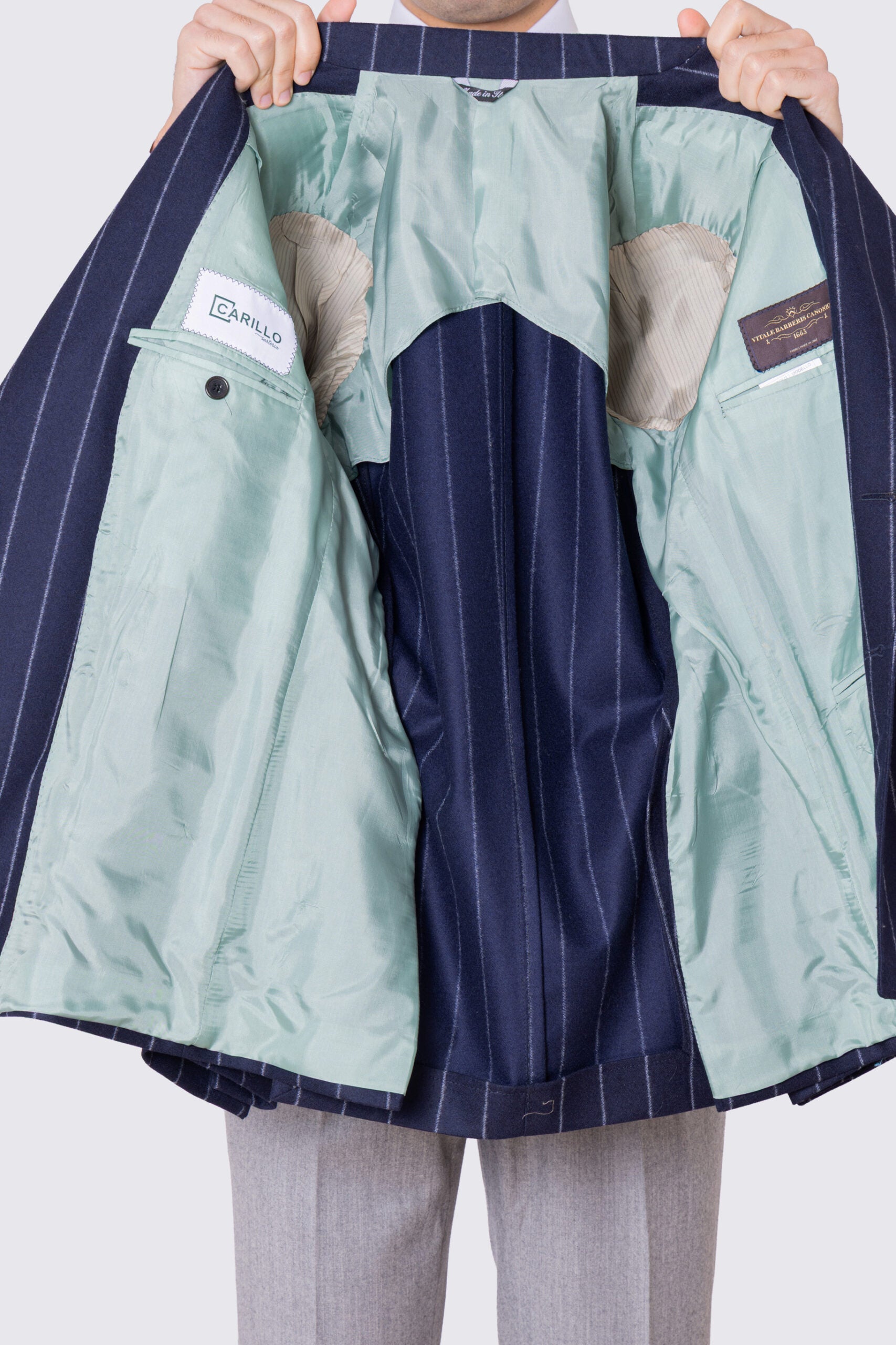 Giacca uomo Doppiopetto blu Gessata grigia in lana Flanella Vitale Barberis Canonico slim fit rever largo sartoriale
