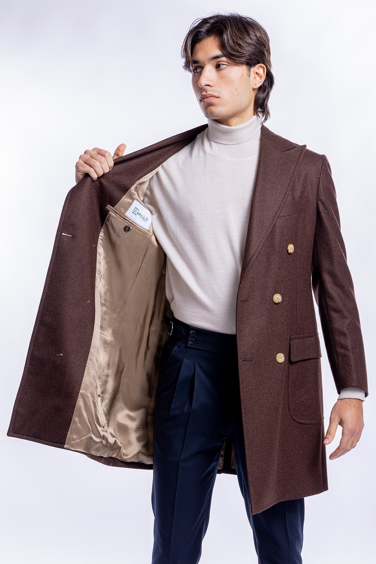 Cappotto uomo marrone doppiopetto in lana Vitale Barberis Canonico rever largo
