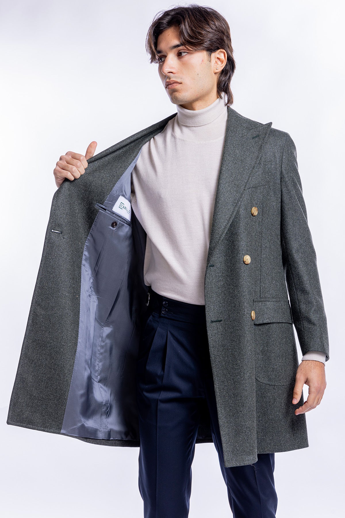 Cappotto uomo verde doppiopetto in lana Vitale Barberis Canonico rever largo