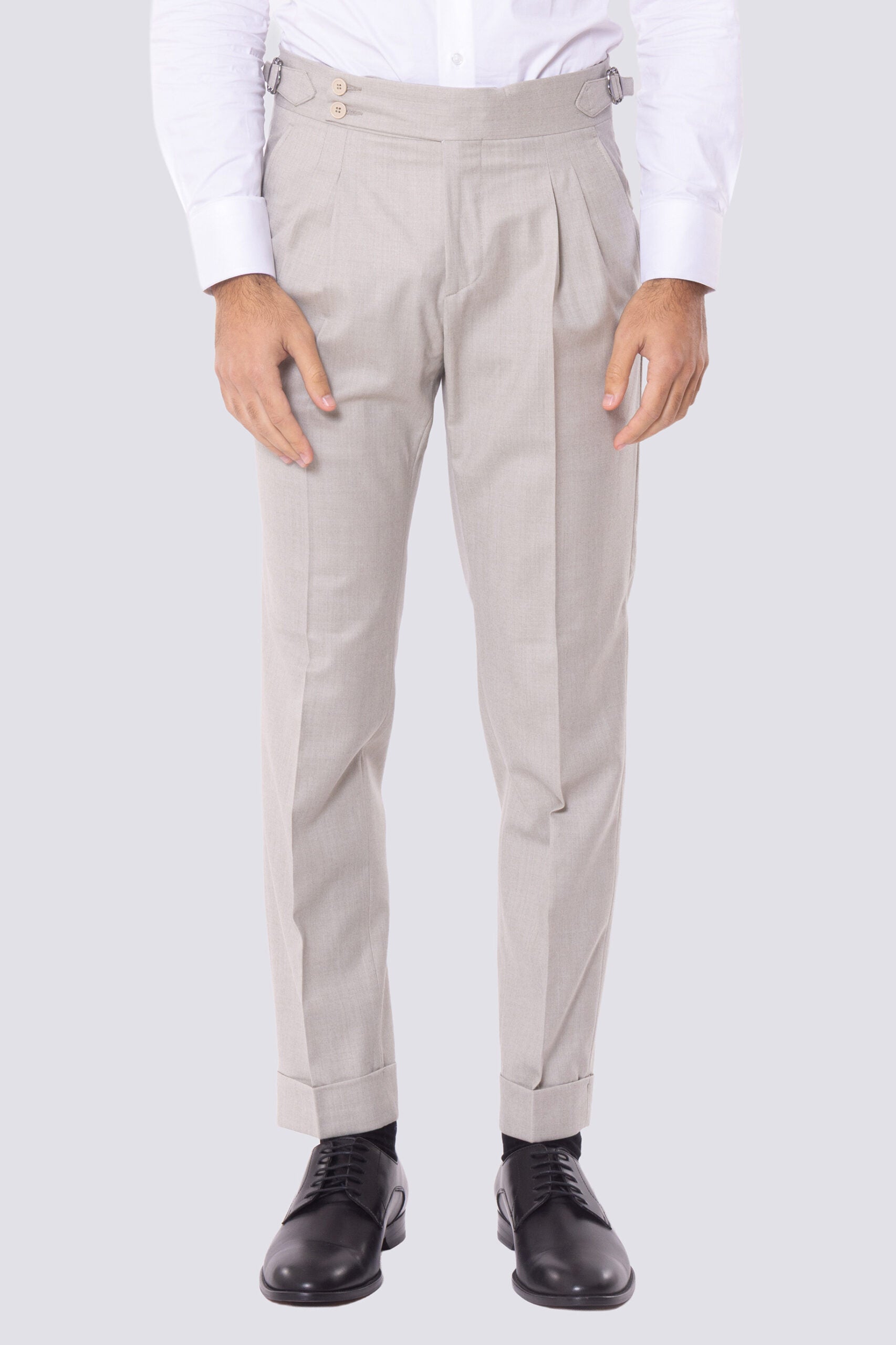Pantalone uomo beige vita alta con e fibbie laterali tasca america in lana flanella Vitale Barberis Canonico con doppia pinces e risvolto 5cm