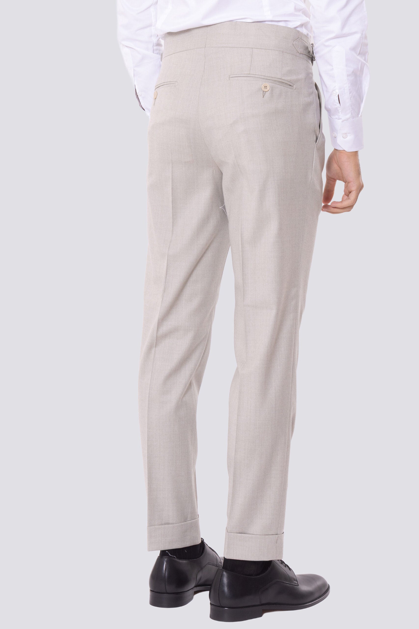 Pantalone uomo beige vita alta con e fibbie laterali tasca america in lana flanella Vitale Barberis Canonico con doppia pinces e risvolto 5cm