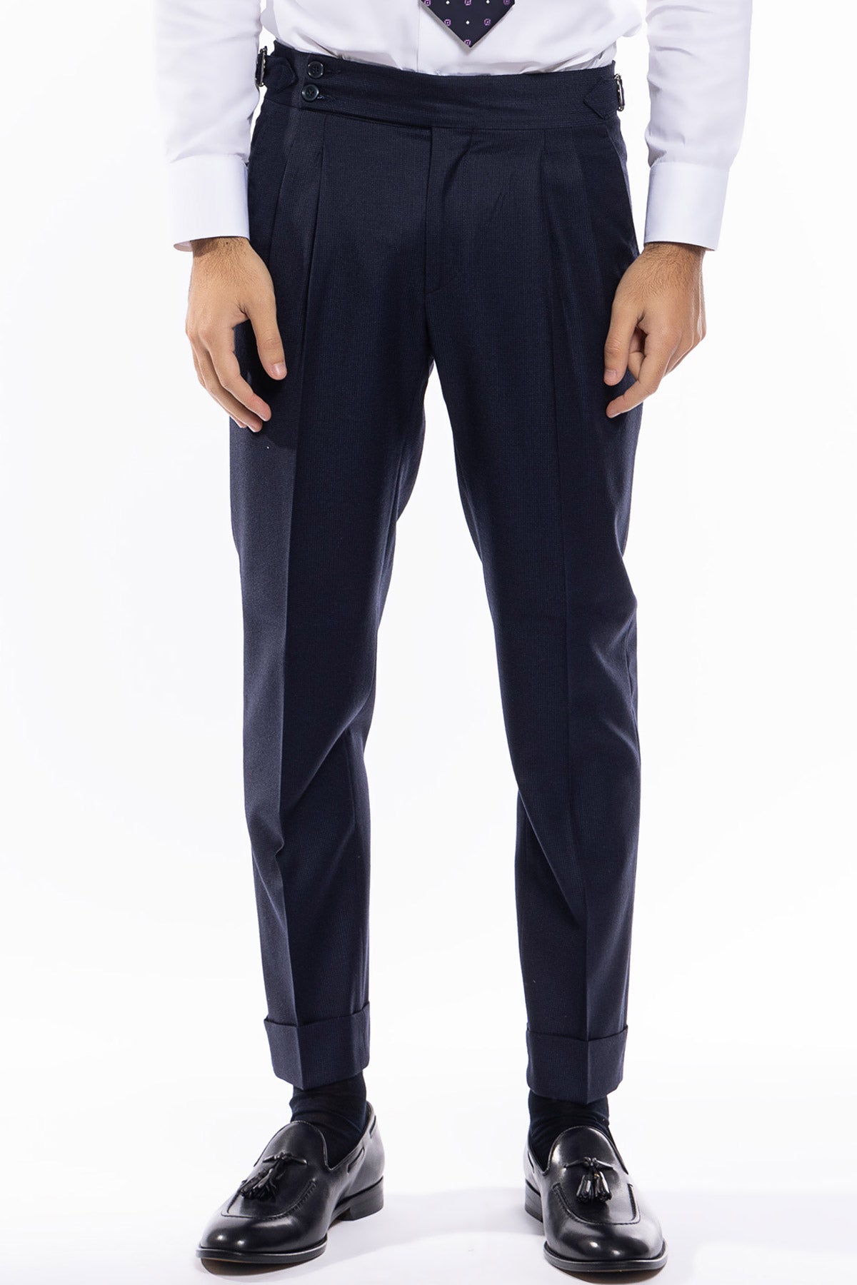Pantalone uomo blu fantasia pied de poule vita alta tasca america in lana flanella con pinces e fibbie laterali