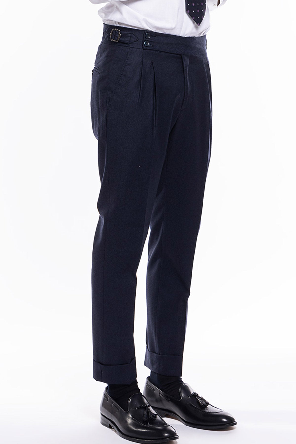 Pantalone uomo blu fantasia pied de poule vita alta tasca america in lana flanella con pinces e fibbie laterali