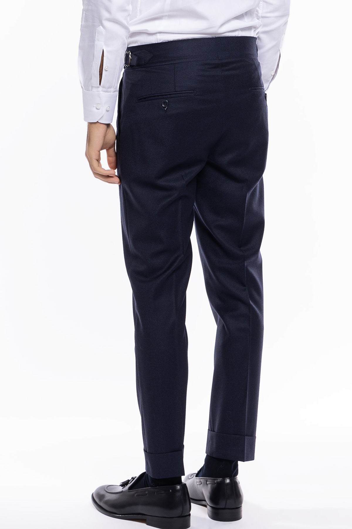 Pantalone uomo blu fantasia pied de poule vita alta tasca america in lana flanella con pinces e fibbie laterali