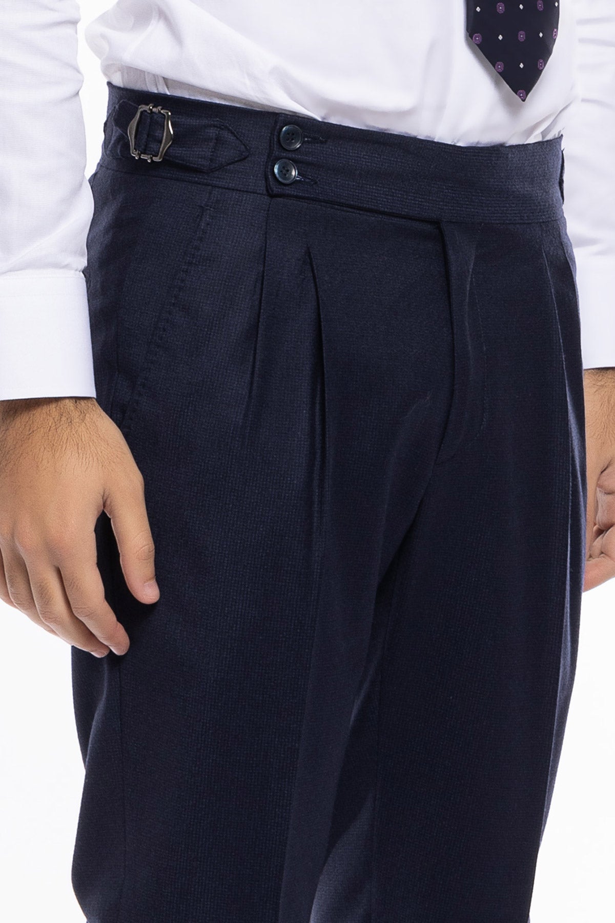 Pantalone uomo blu fantasia pied de poule vita alta tasca america in lana flanella con pinces e fibbie laterali