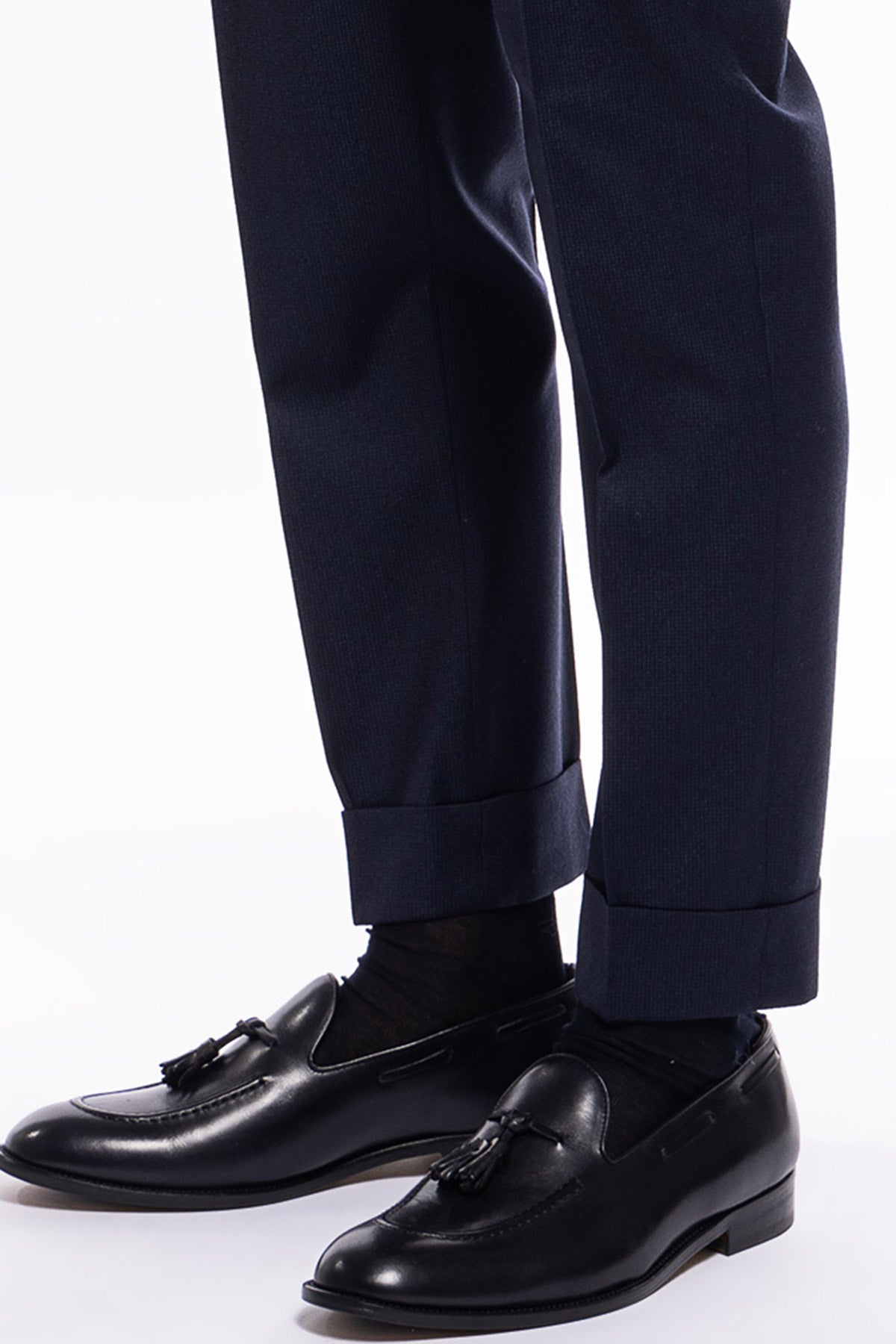 Pantalone uomo blu fantasia pied de poule vita alta tasca america in lana flanella con pinces e fibbie laterali