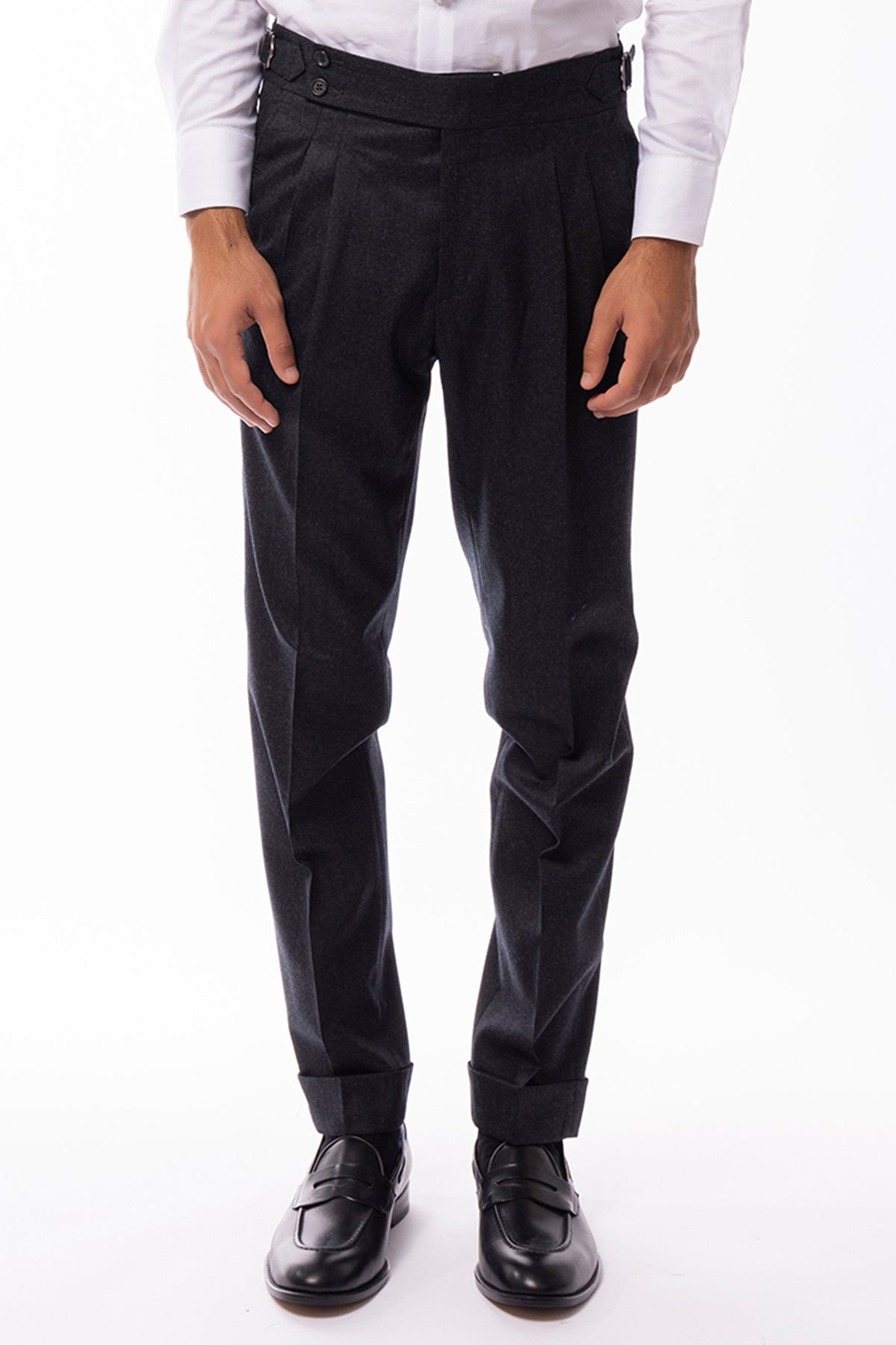 Pantalone uomo grigio scuro vita alta tasca america in lana flanella con pinces e fibbie laterali Vitale Barberis Canonico