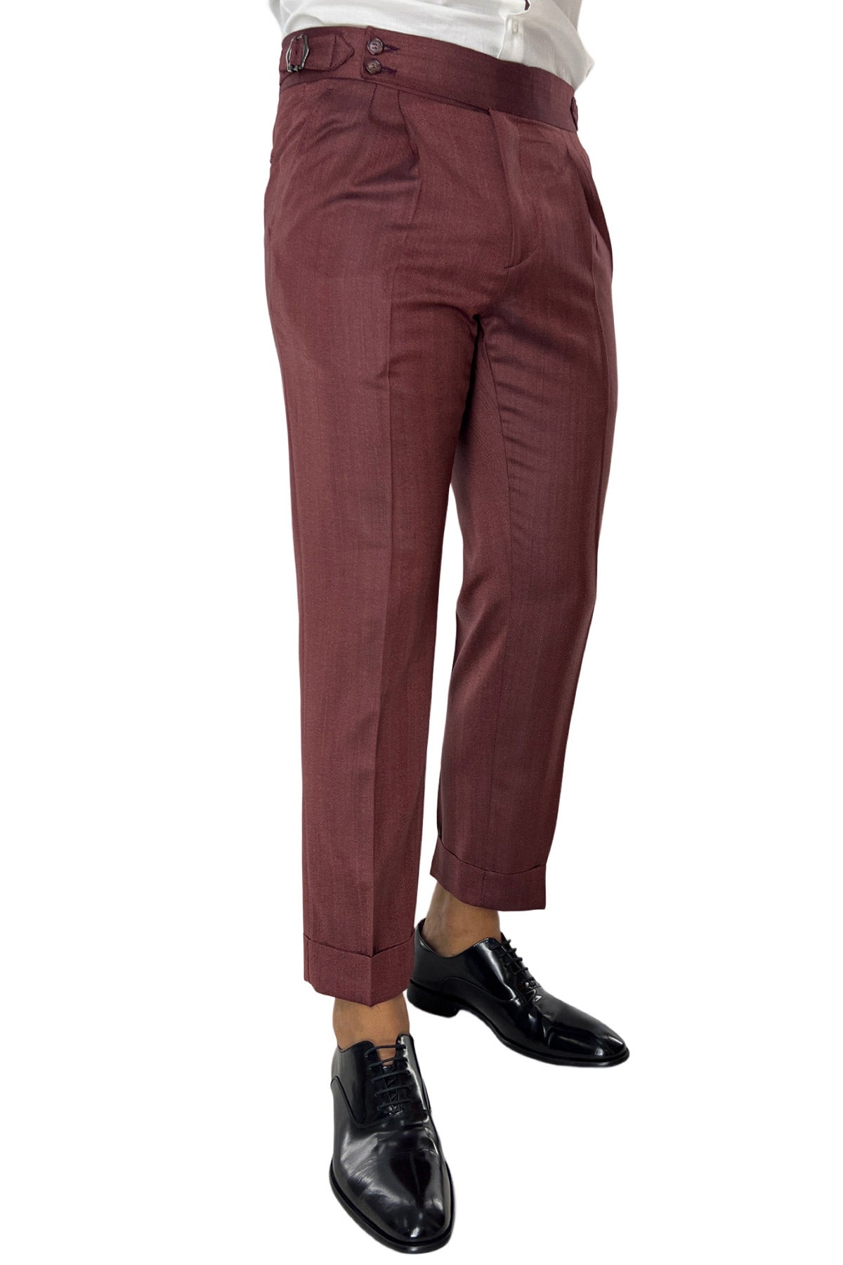 Pantalone uomo vita alta rosso tasca america in fresco lana con pinces e fibbie laterali Vitale Barberis Canonico