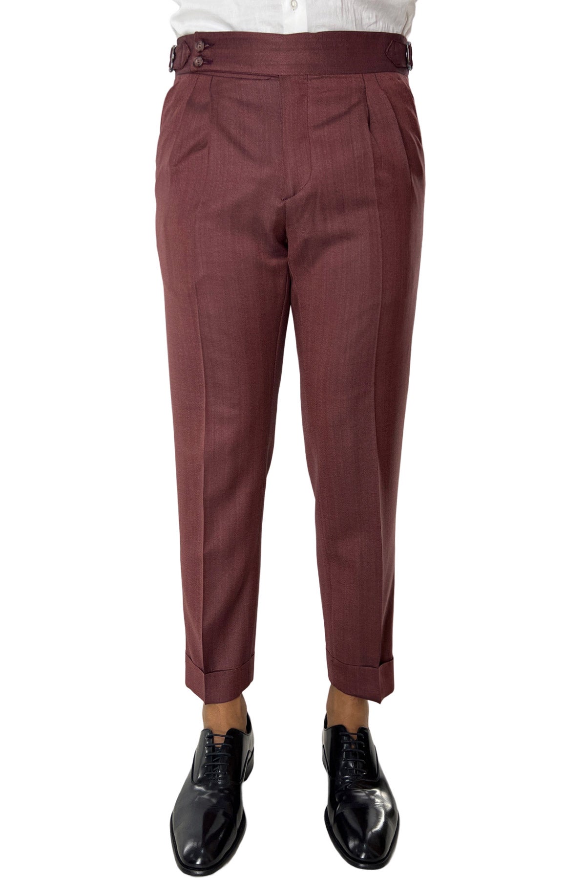 Pantalone uomo vita alta rosso tasca america in fresco lana con pinces e fibbie laterali Vitale Barberis Canonico