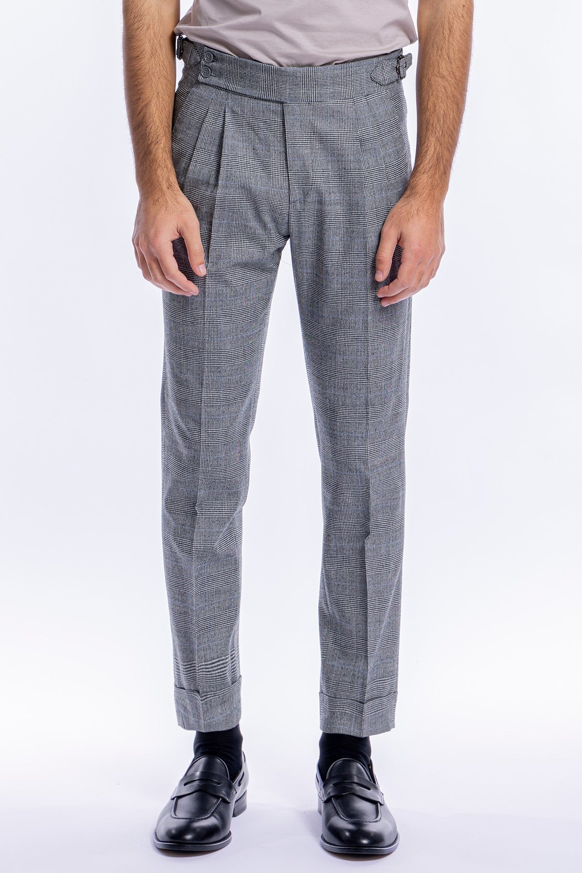Pantalone uomo vita alta nero fantasia principe di galles tasca america in lana flanella Holland & Sherry con pinces e fibbie laterali