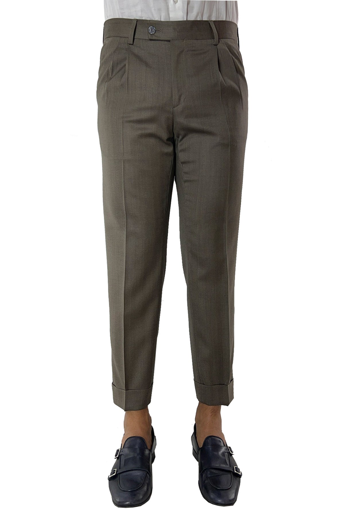 Pantalone uomo vita alta fango tasca america in fresco lana spigato con risvolto 5cm