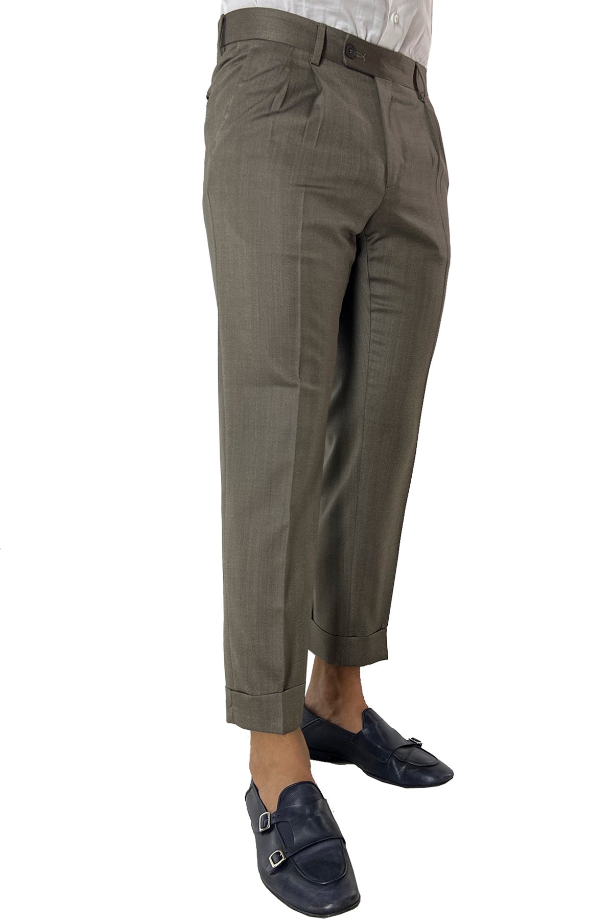 Pantalone uomo vita alta fango tasca america in fresco lana spigato con risvolto 5cm