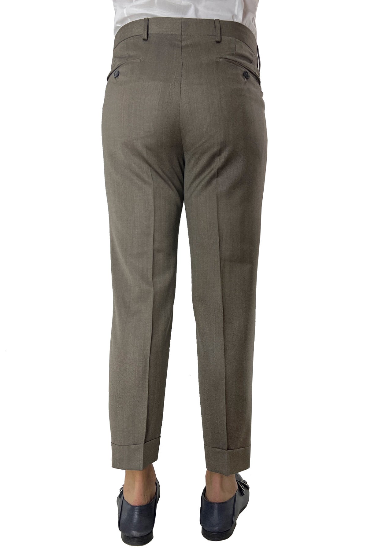 Pantalone uomo vita alta fango tasca america in fresco lana spigato con risvolto 5cm