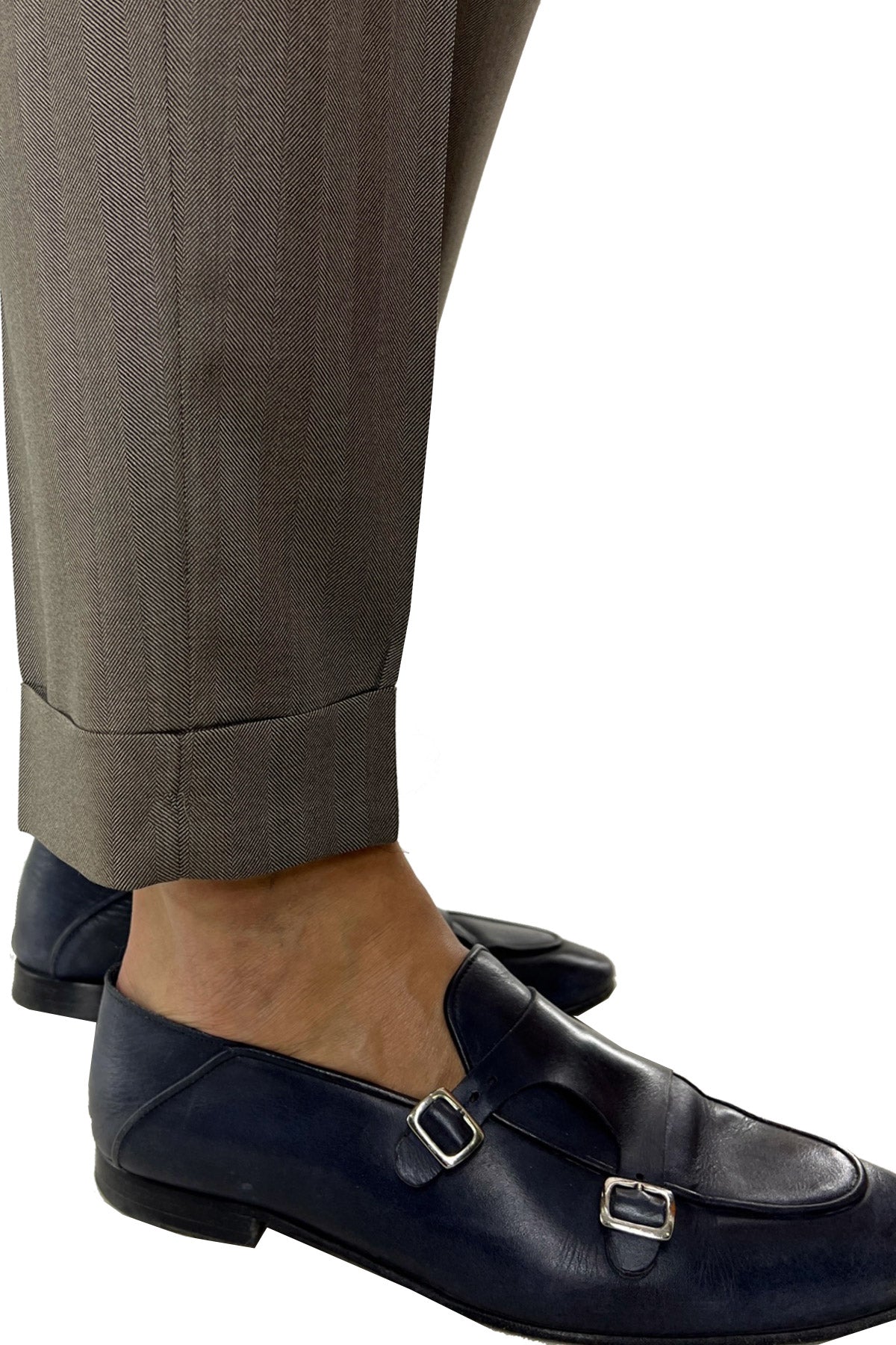 Pantalone uomo vita alta fango tasca america in fresco lana spigato con risvolto 5cm