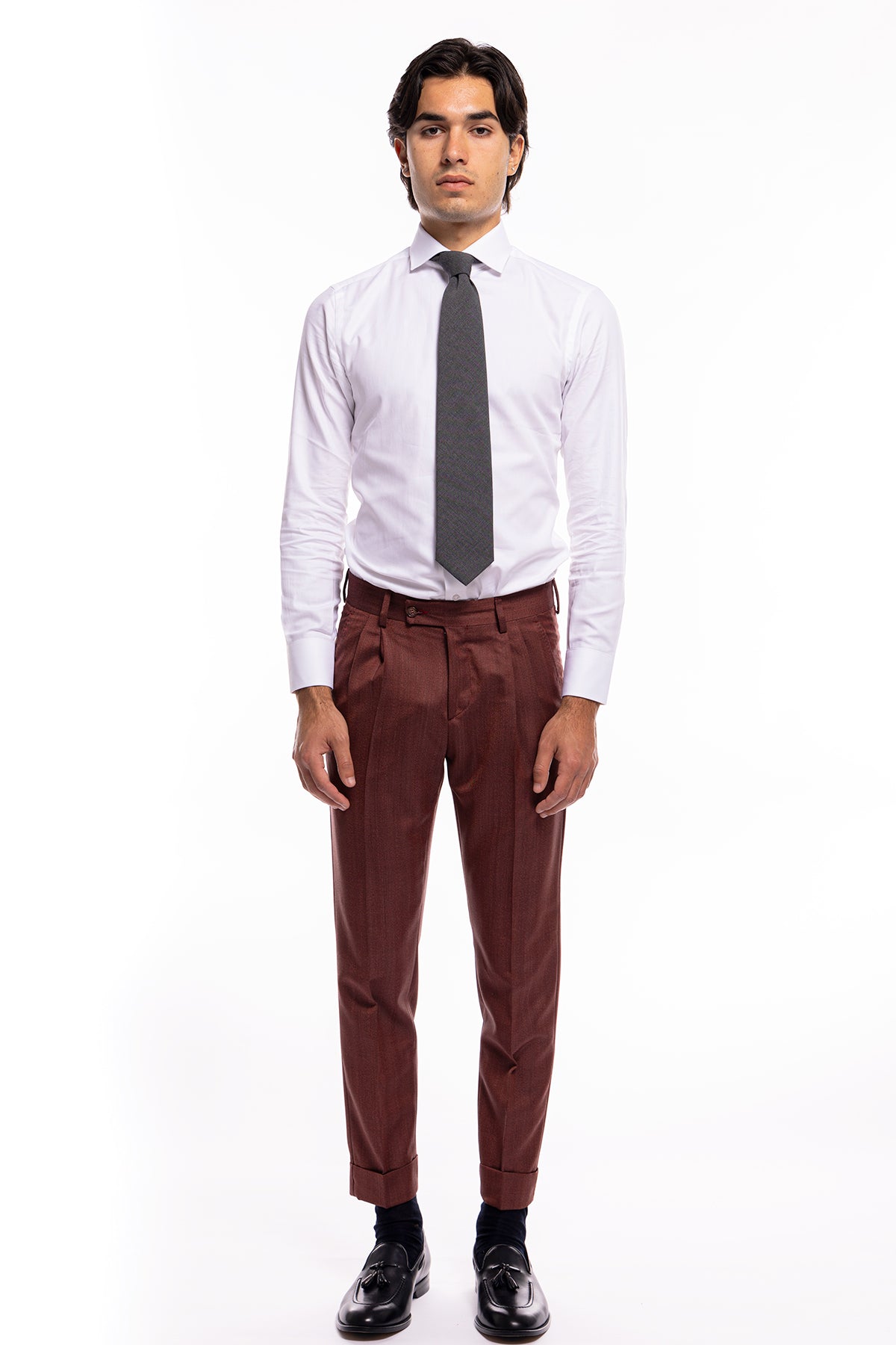 Pantalone uomo vita alta rosso tasca america in fresco lana con doppia pinces Vitale Barberis Canonico